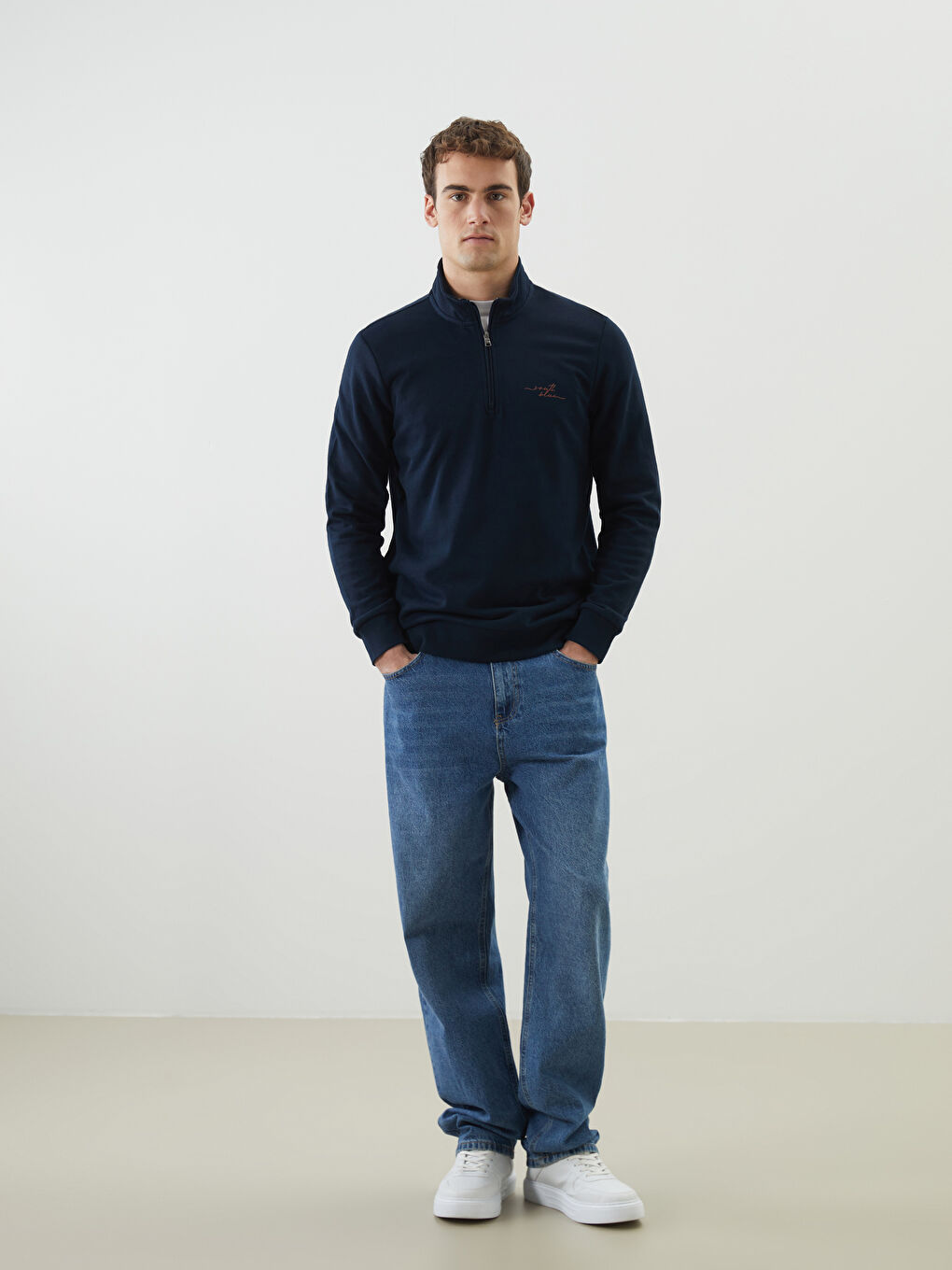 Lacivert Dik Yaka Erkek Sweatshirt-1