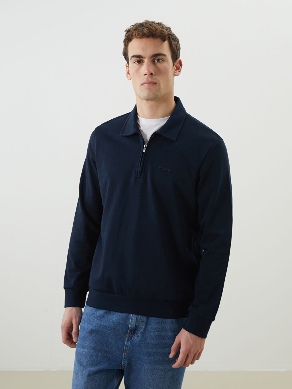SOUTHBLUE Lacivert Polo Yaka Uzun Kollu Erkek Sweatshirt