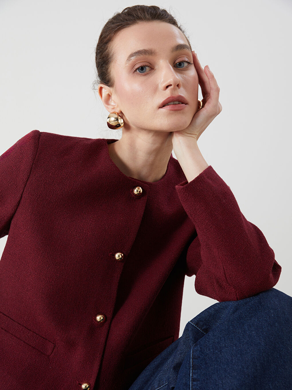 Crew Neck Textured Women's Tweed Jacket -S5MN71Z8-CZF
