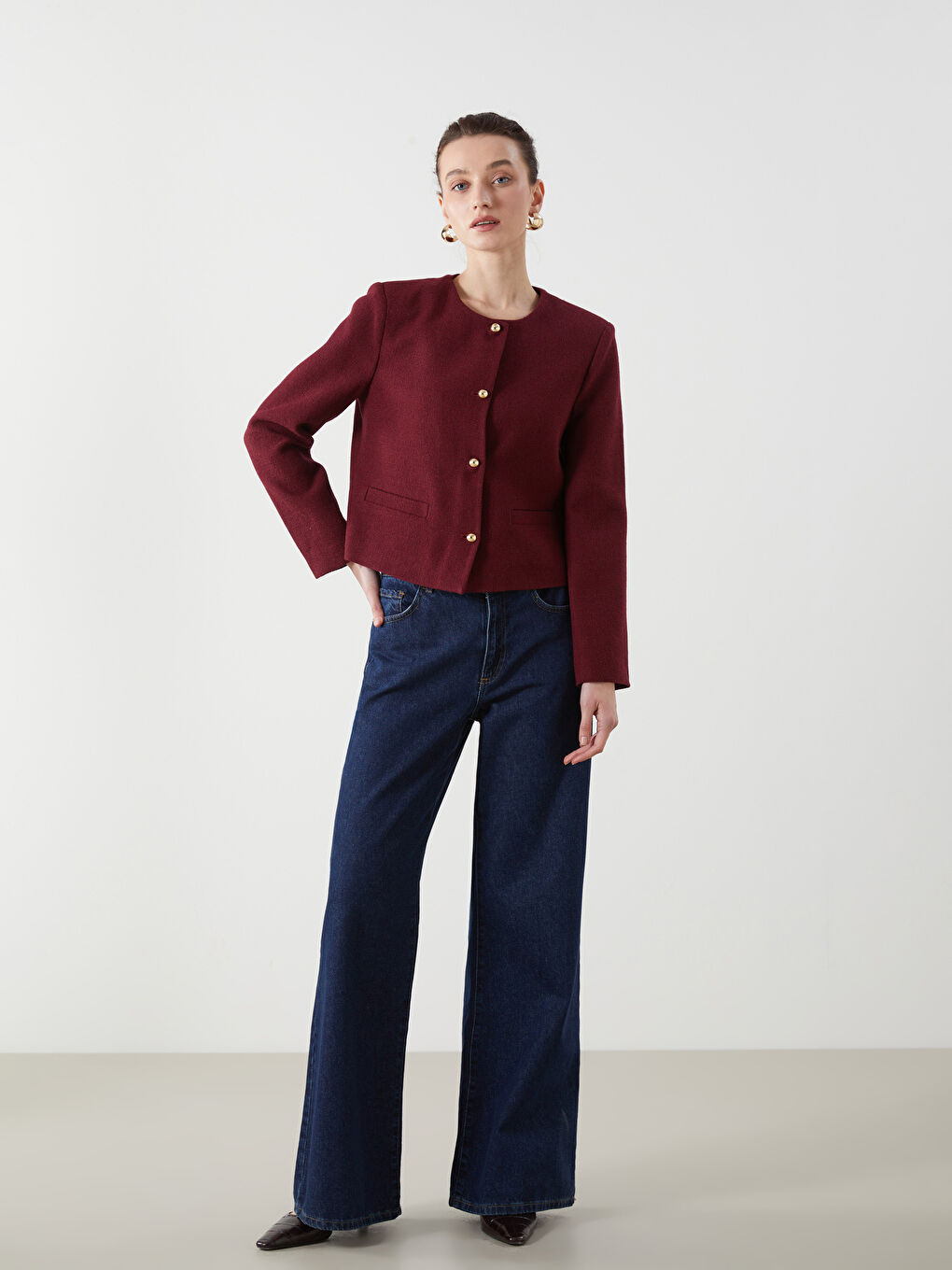 Crew Neck Textured Women's Tweed Jacket -S5MN71Z8-CZF