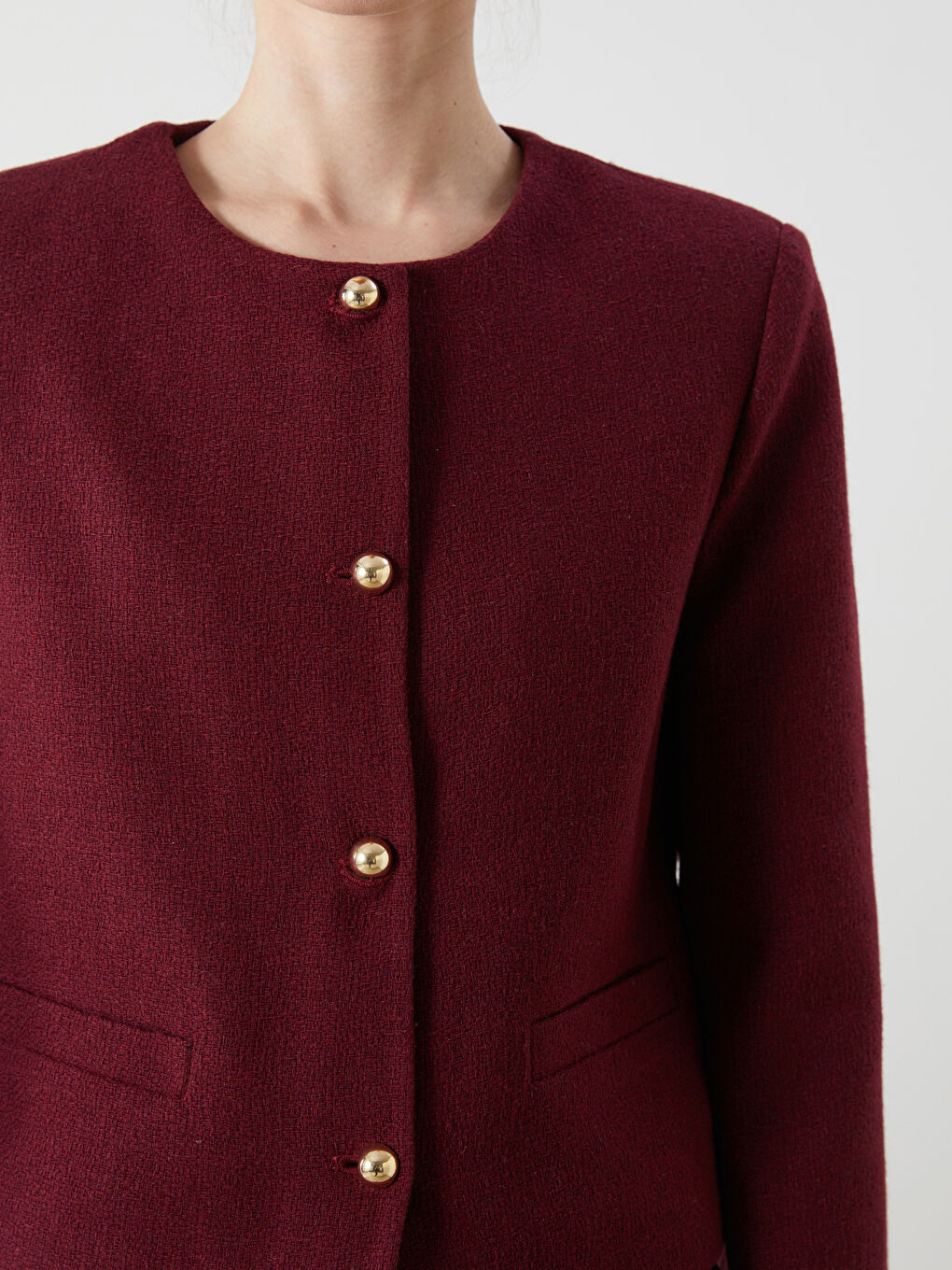 Crew Neck Textured Women's Tweed Jacket -S5MN71Z8-CZF