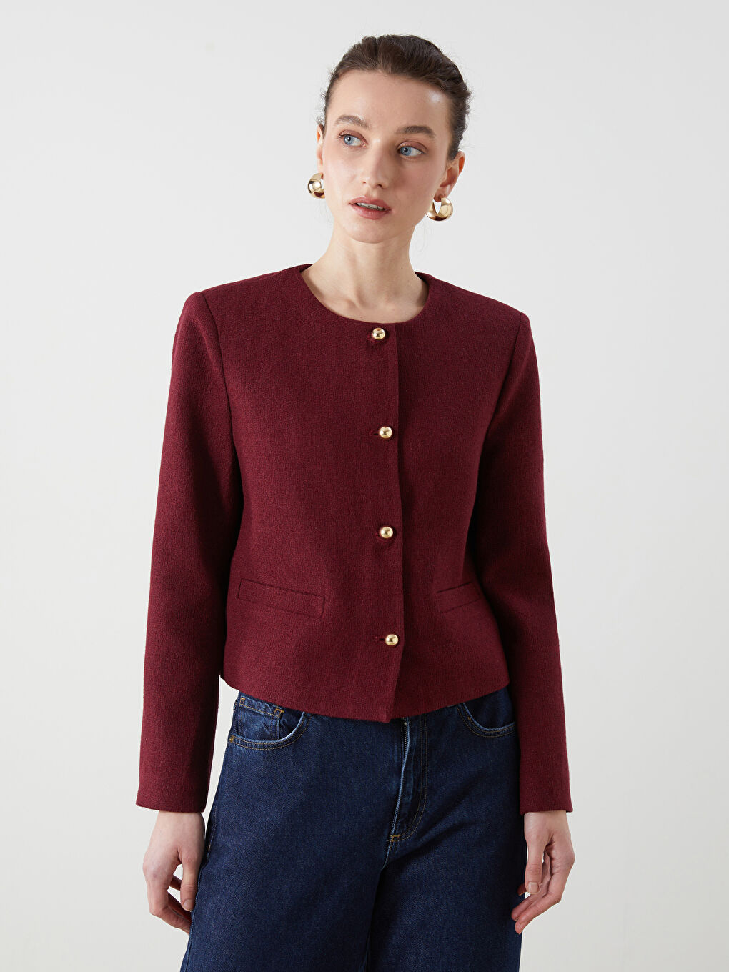 Crew Neck Textured Women's Tweed Jacket -S5MN71Z8-CZF