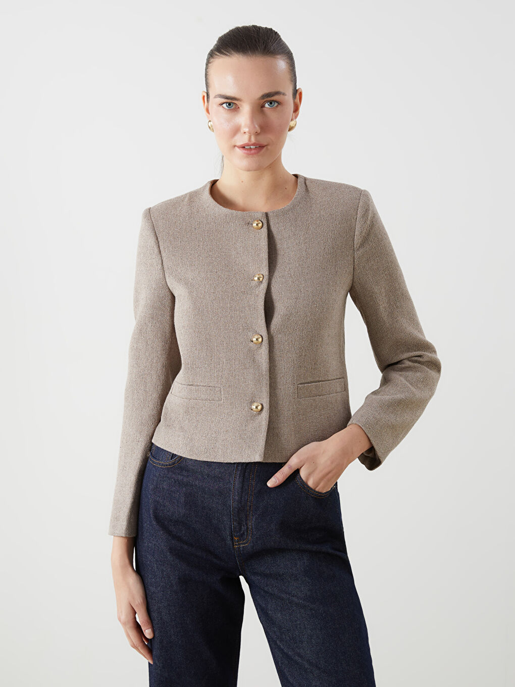 Crew Neck Textured Women'S Tweed Jacket -S5MN71Z8-Z8K