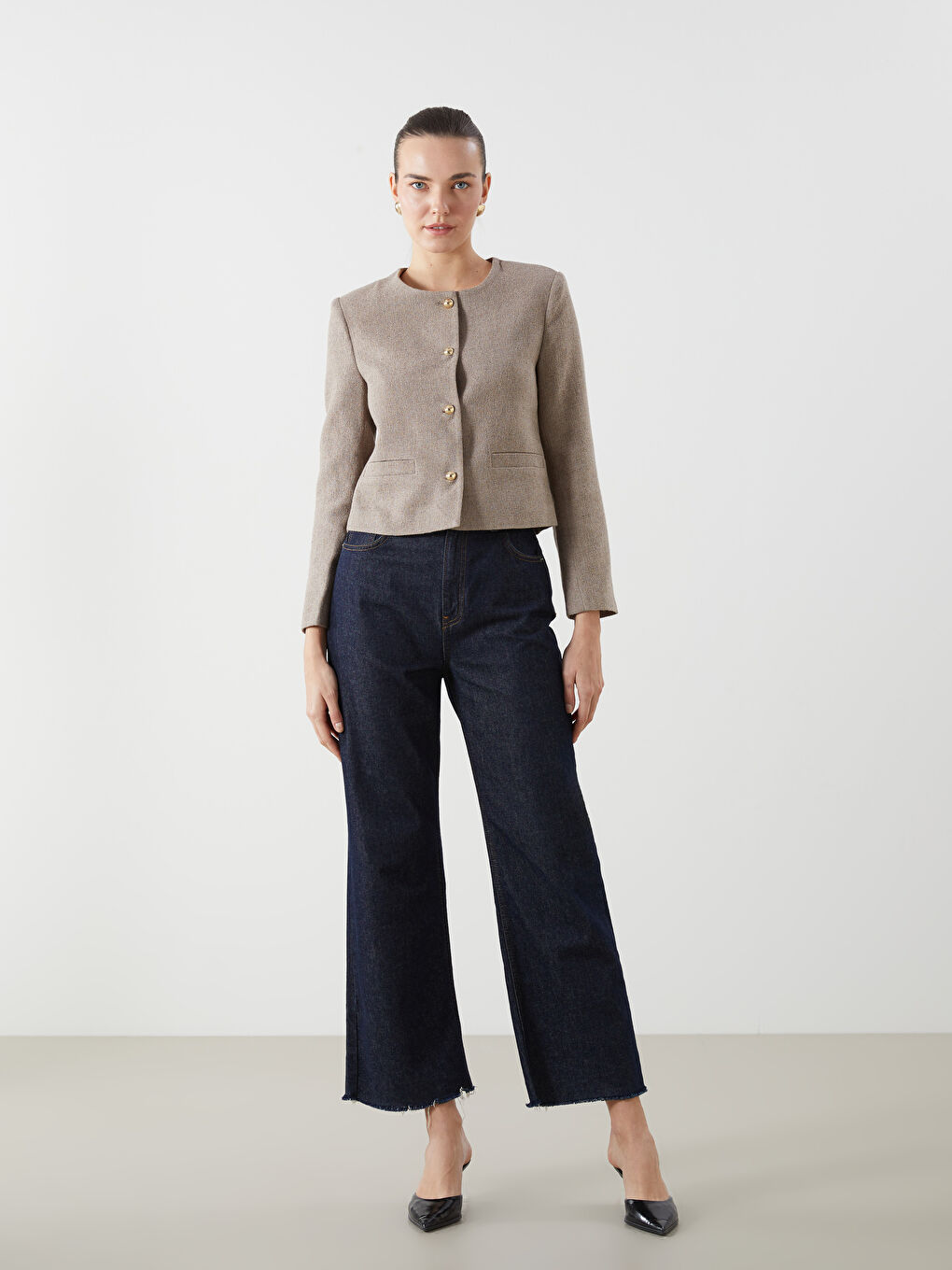 Crew Neck Textured Women'S Tweed Jacket -S5MN71Z8-Z8K