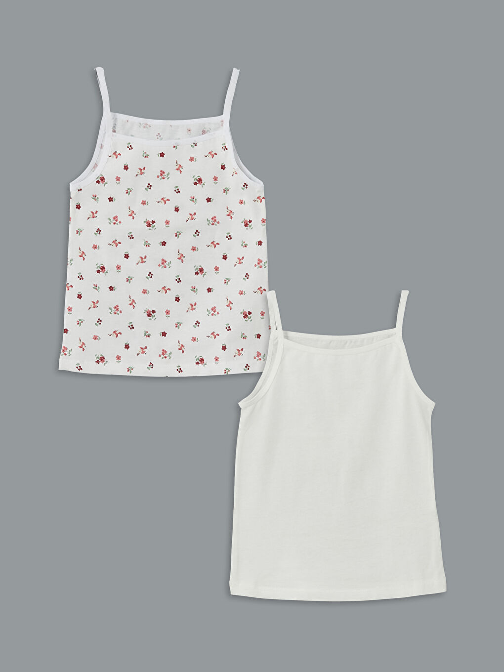 Beyaz Kare Yaka Çiçekli İp Askılı Kız Çocuk Atlet  2'li