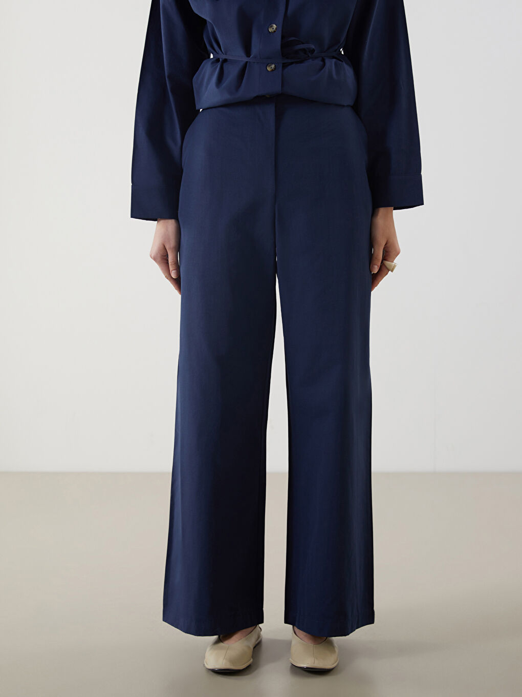 Lacivert Standart Fit Poplin Kadın Pantolon-1