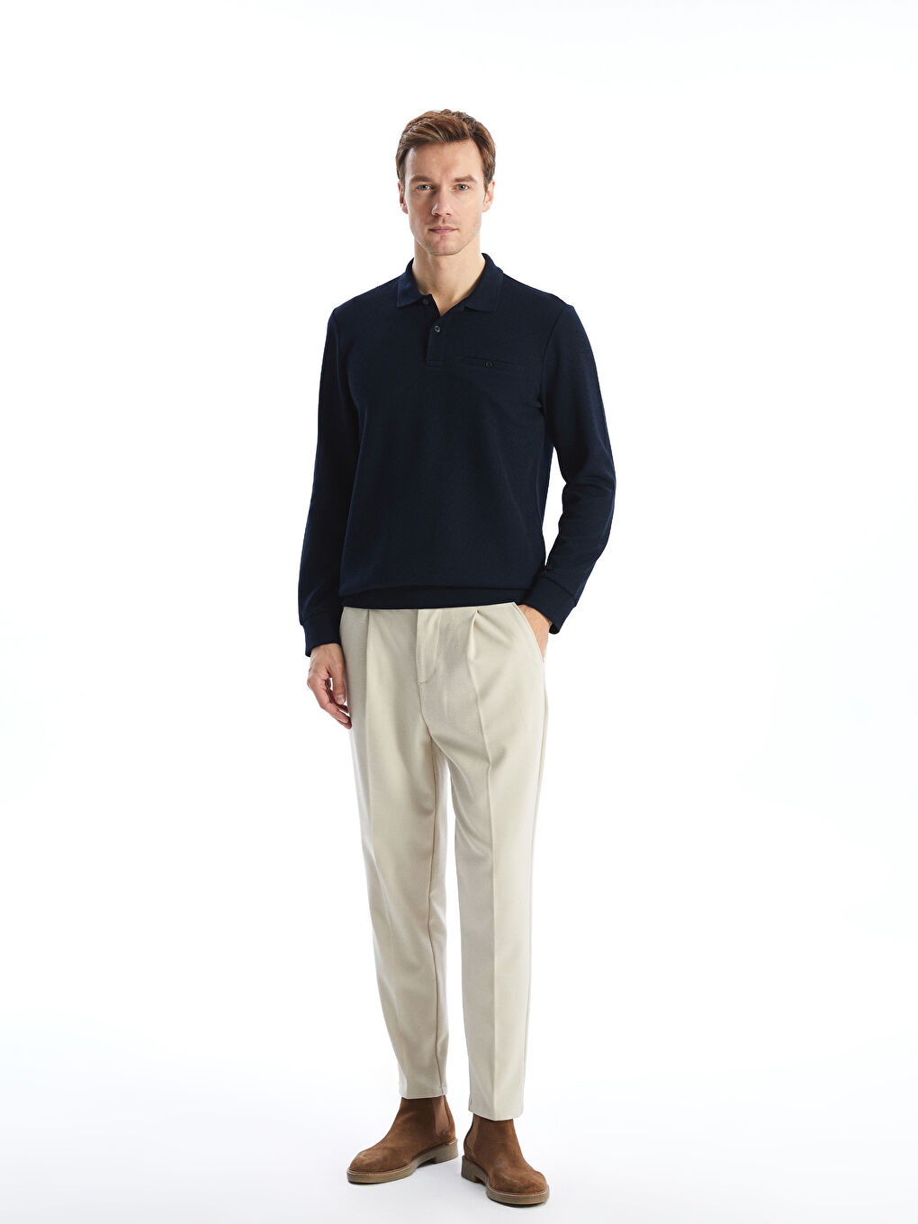 Lacivert Polo Yaka Uzun Kollu Erkek Sweatshirt-3