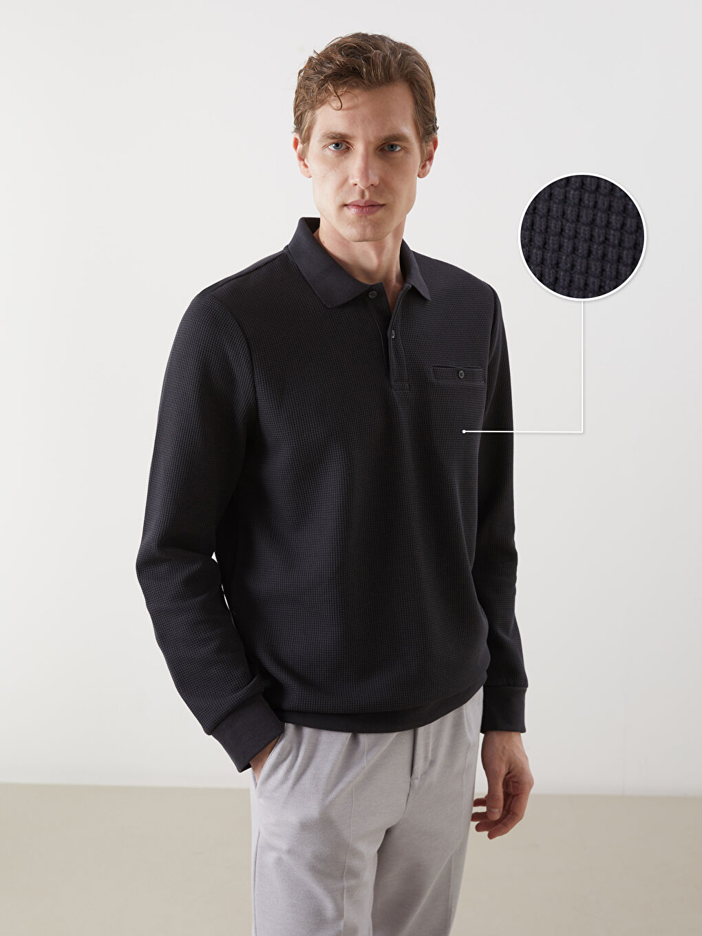 Antrasit Polo Yaka Uzun Kollu Erkek Sweatshirt