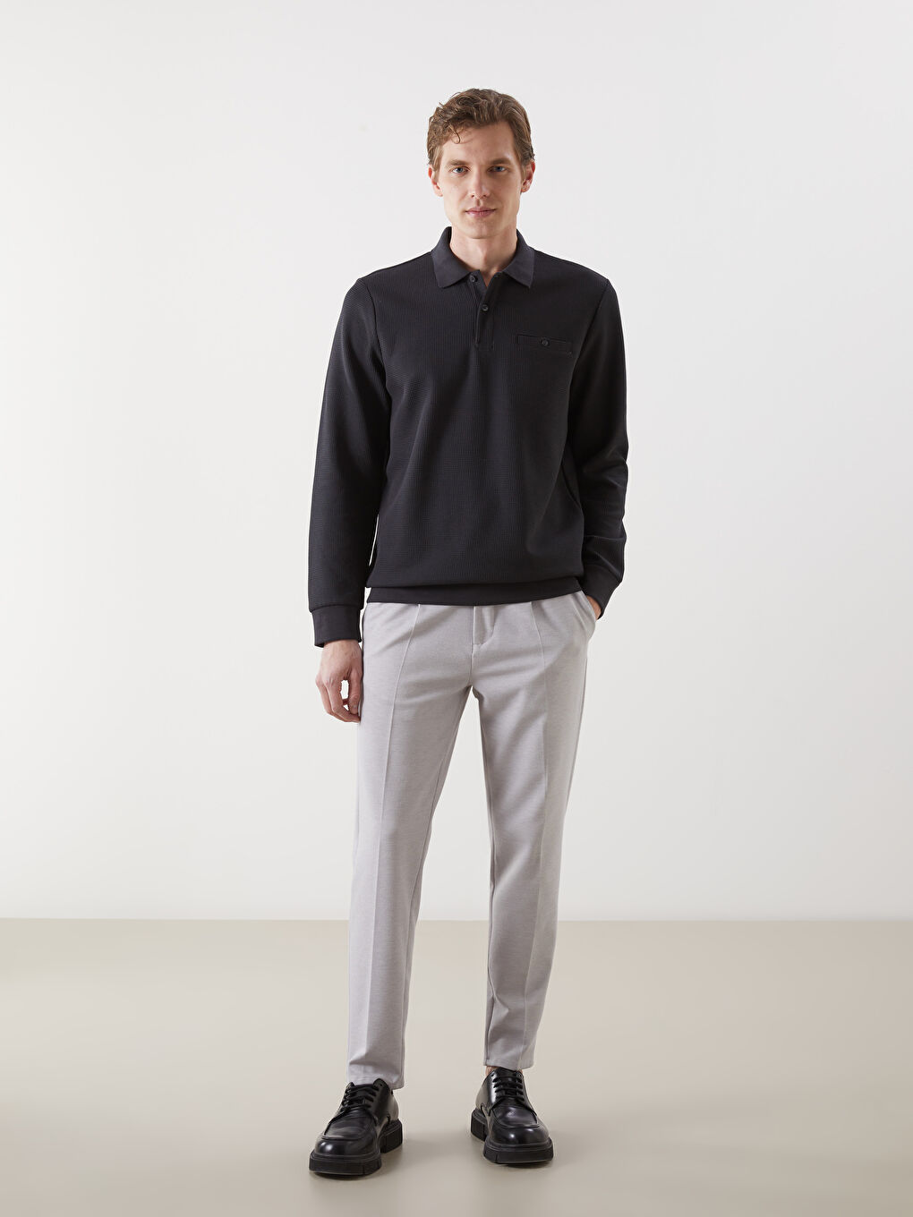 Antrasit Polo Yaka Uzun Kollu Erkek Sweatshirt-3