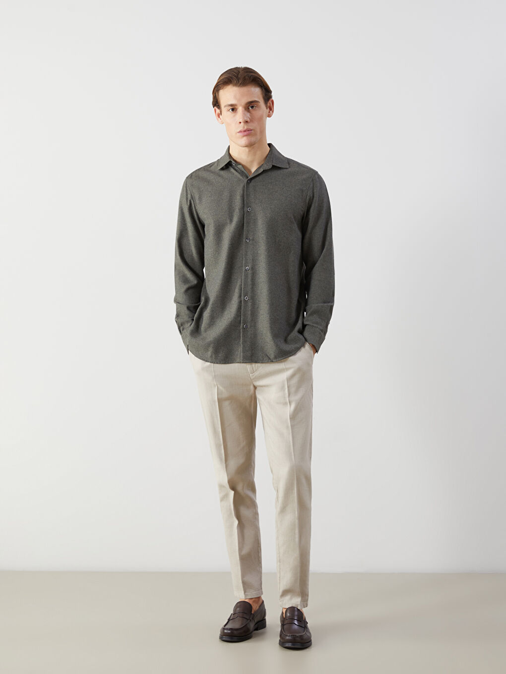 Haki Regular Fit Uzun Kollu Erkek Gömlek-1