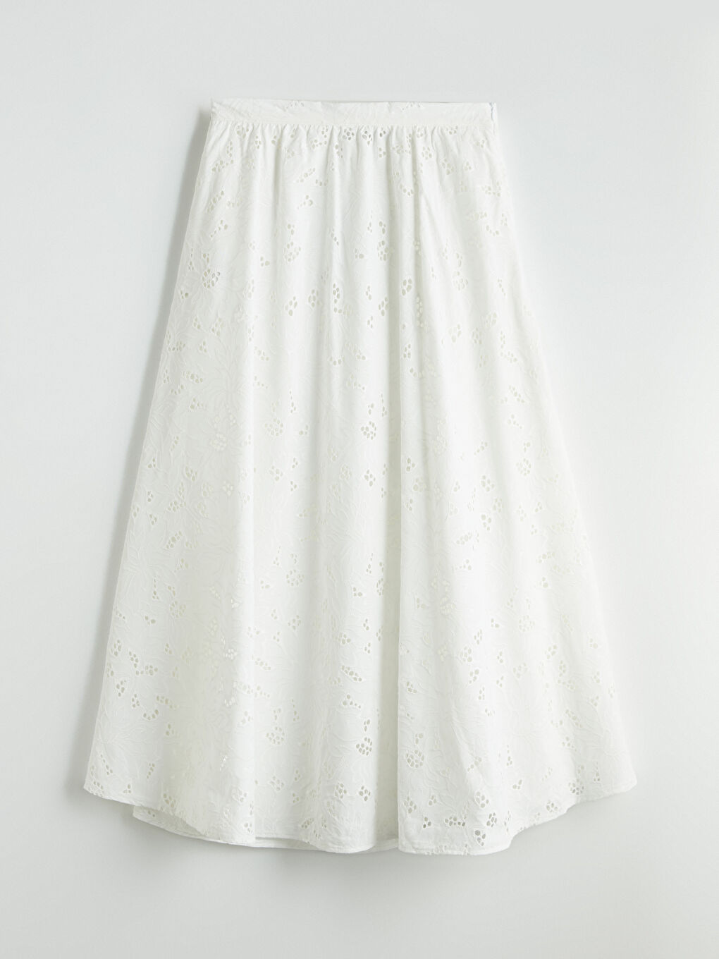 Beyaz Beli Lastikli Kendinden Desenli Brode Kloş Etek-4