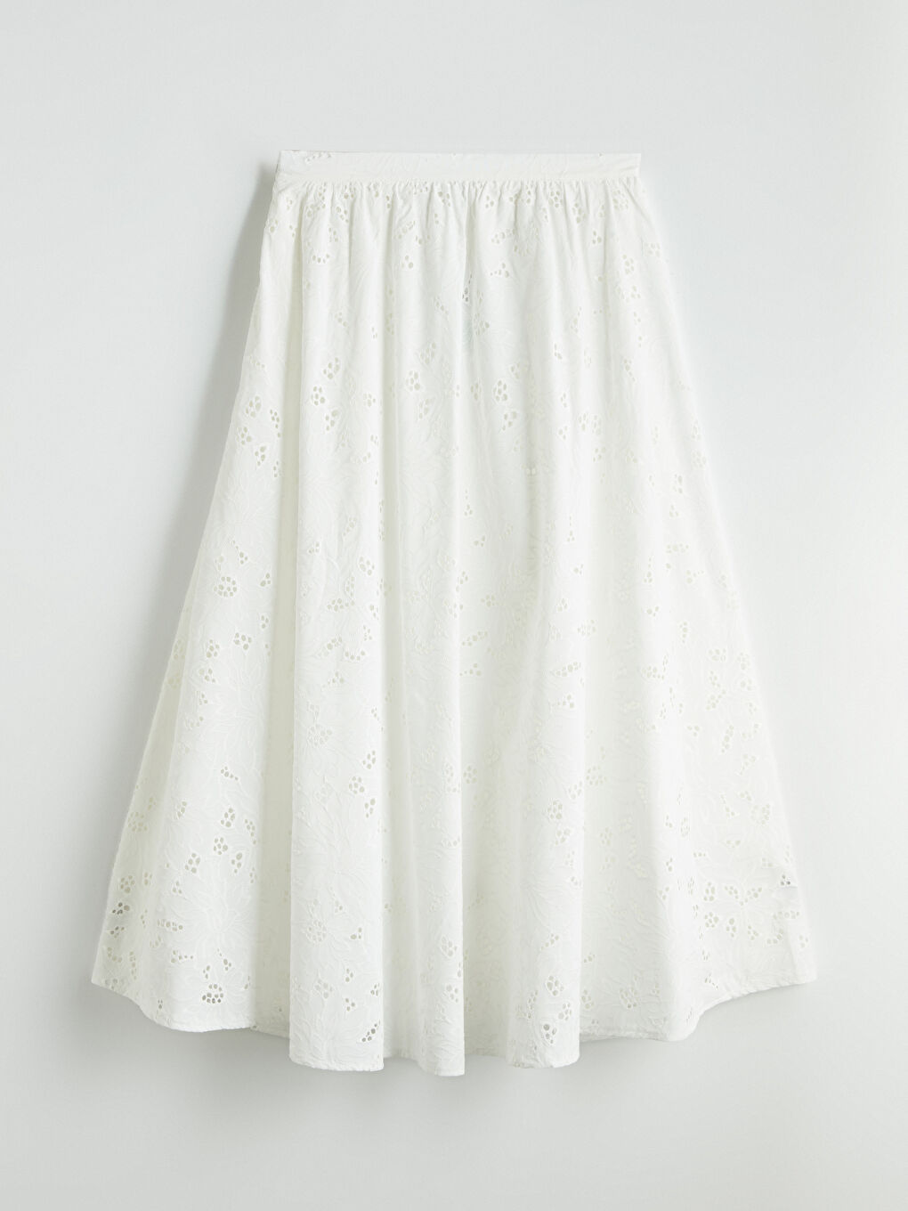 Beyaz Beli Lastikli Kendinden Desenli Brode Kloş Etek-5