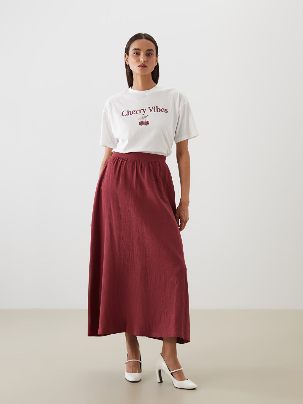 LCW Modest Elasticated Waist Muslin Flared Skirt -S5MO67Z8-V74
