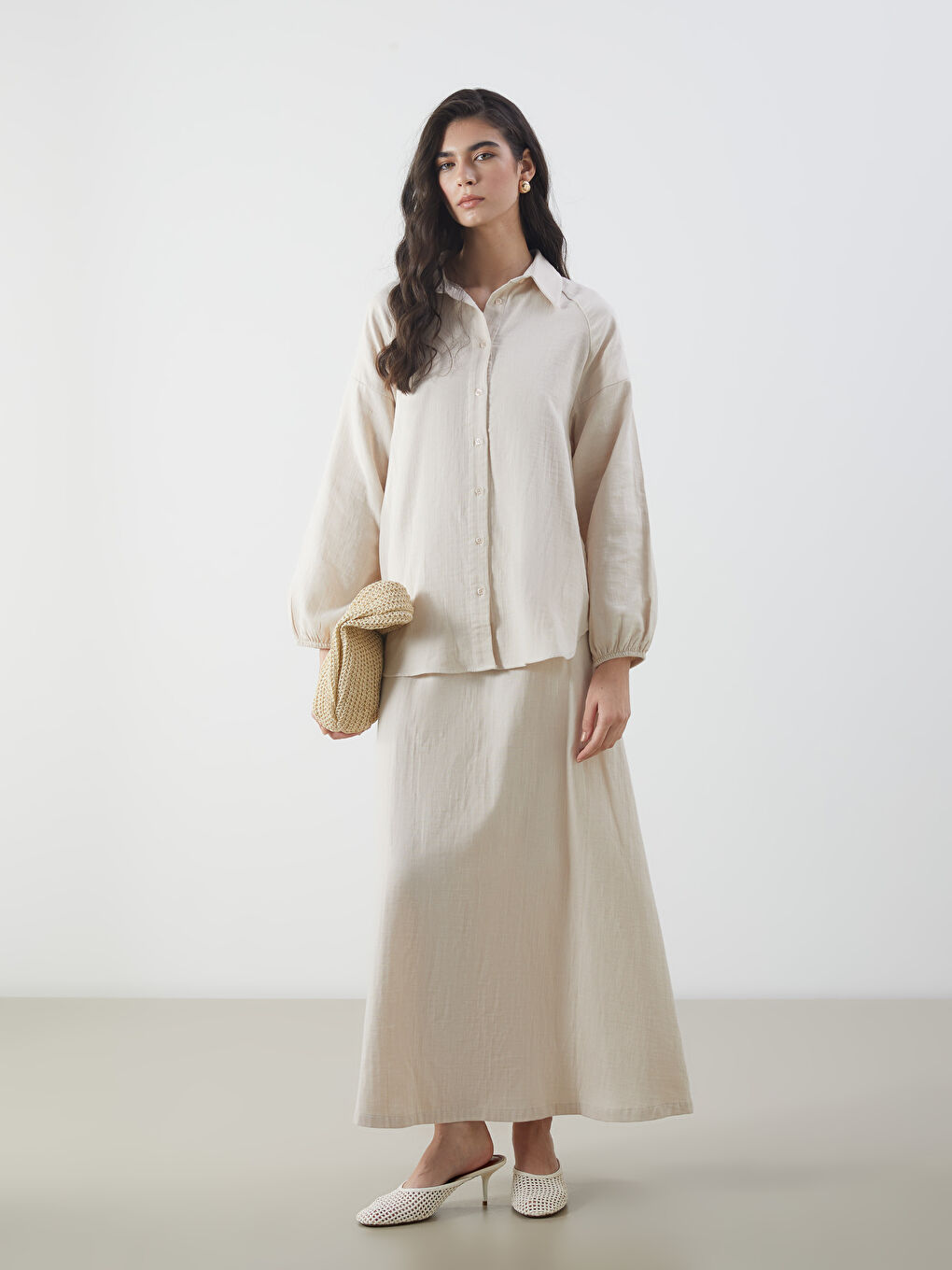 LCW Modest Elasticated Waist Muslin Flared Skirt -S5MO67Z8-YLD
