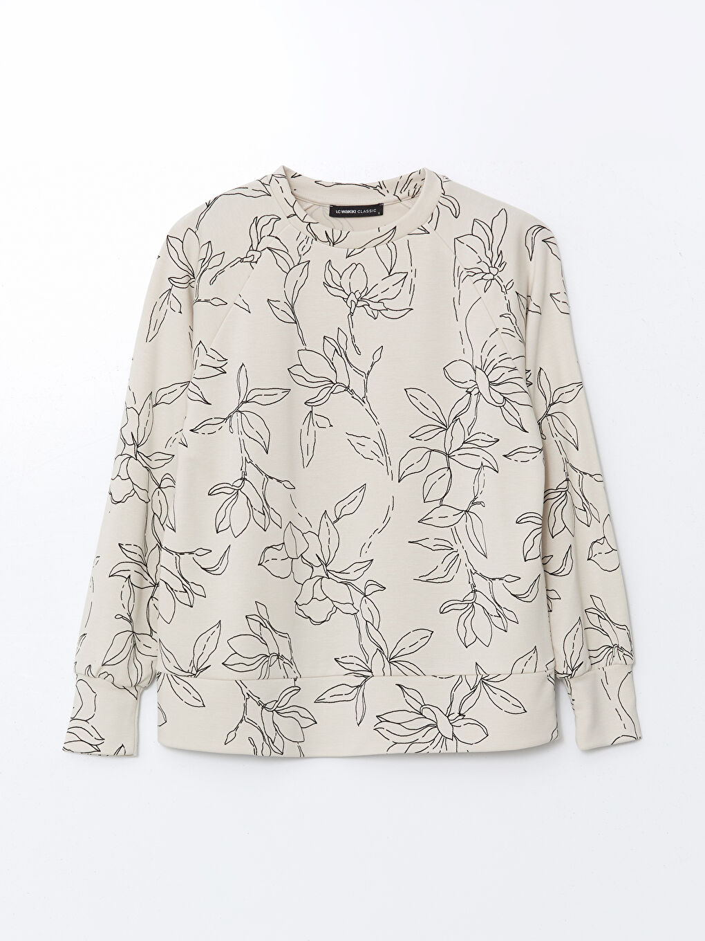 Bej Bisiklet Yaka Çiçekli Oversize Kadın Sweatshirt-4