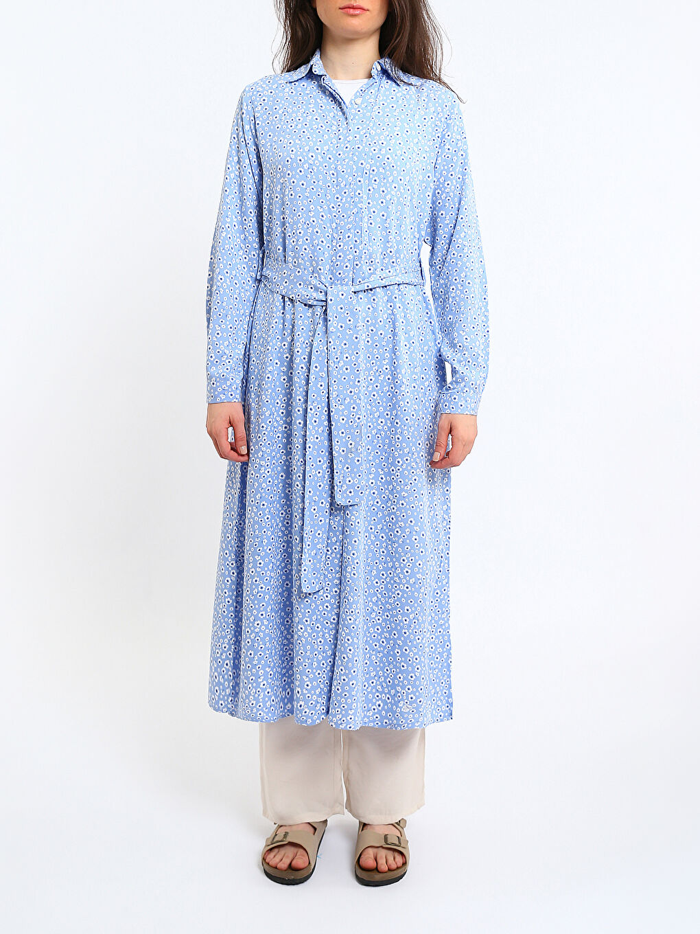 Patterned Long Sleeve Women's Shirt Dress-1