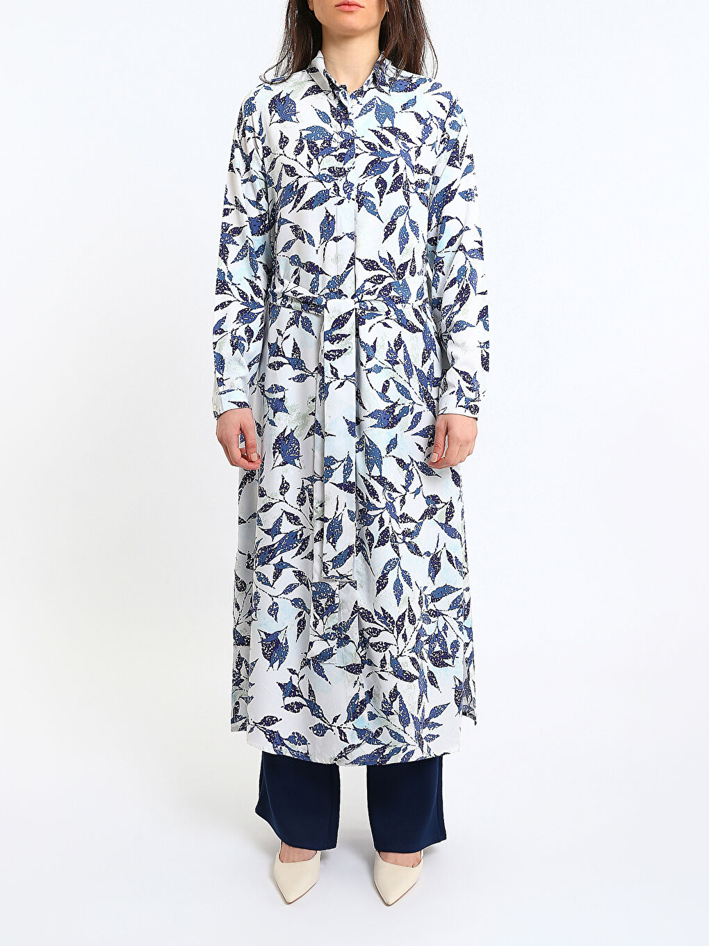 Patterned Long Sleeve Women's Shirt Dress-1