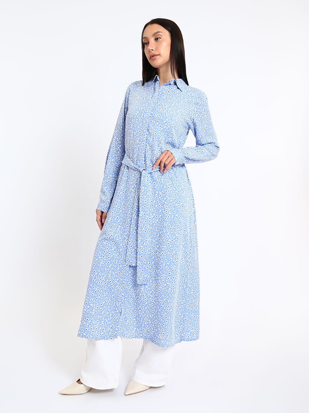 Patterned Long Sleeve Women's Shirt Dress-1