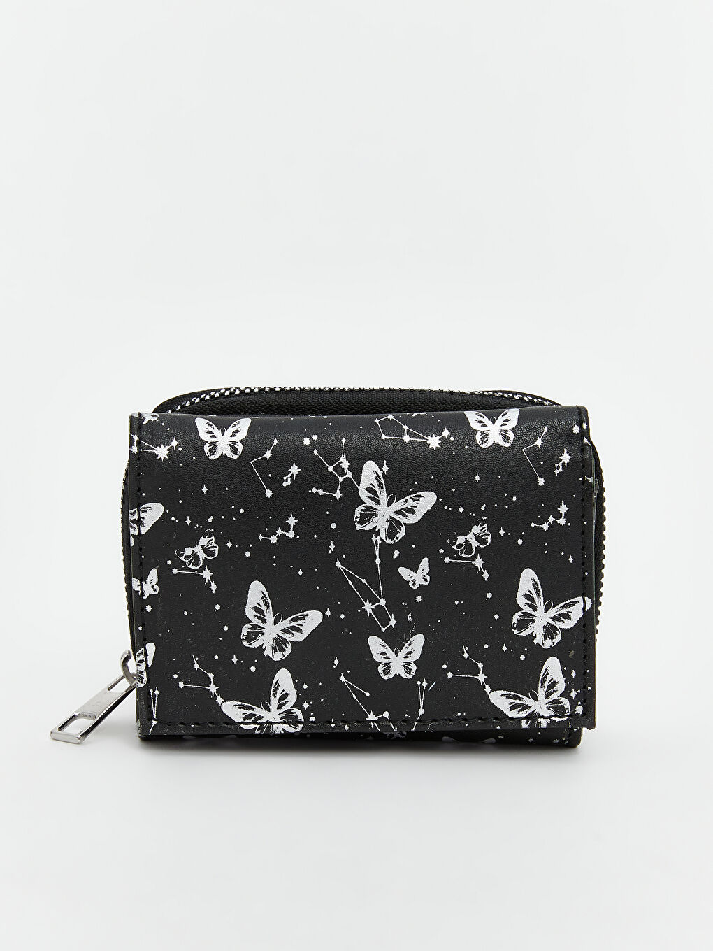 Siyah Kelebek Baskılı Fermuarlı Kadın Cüzdan