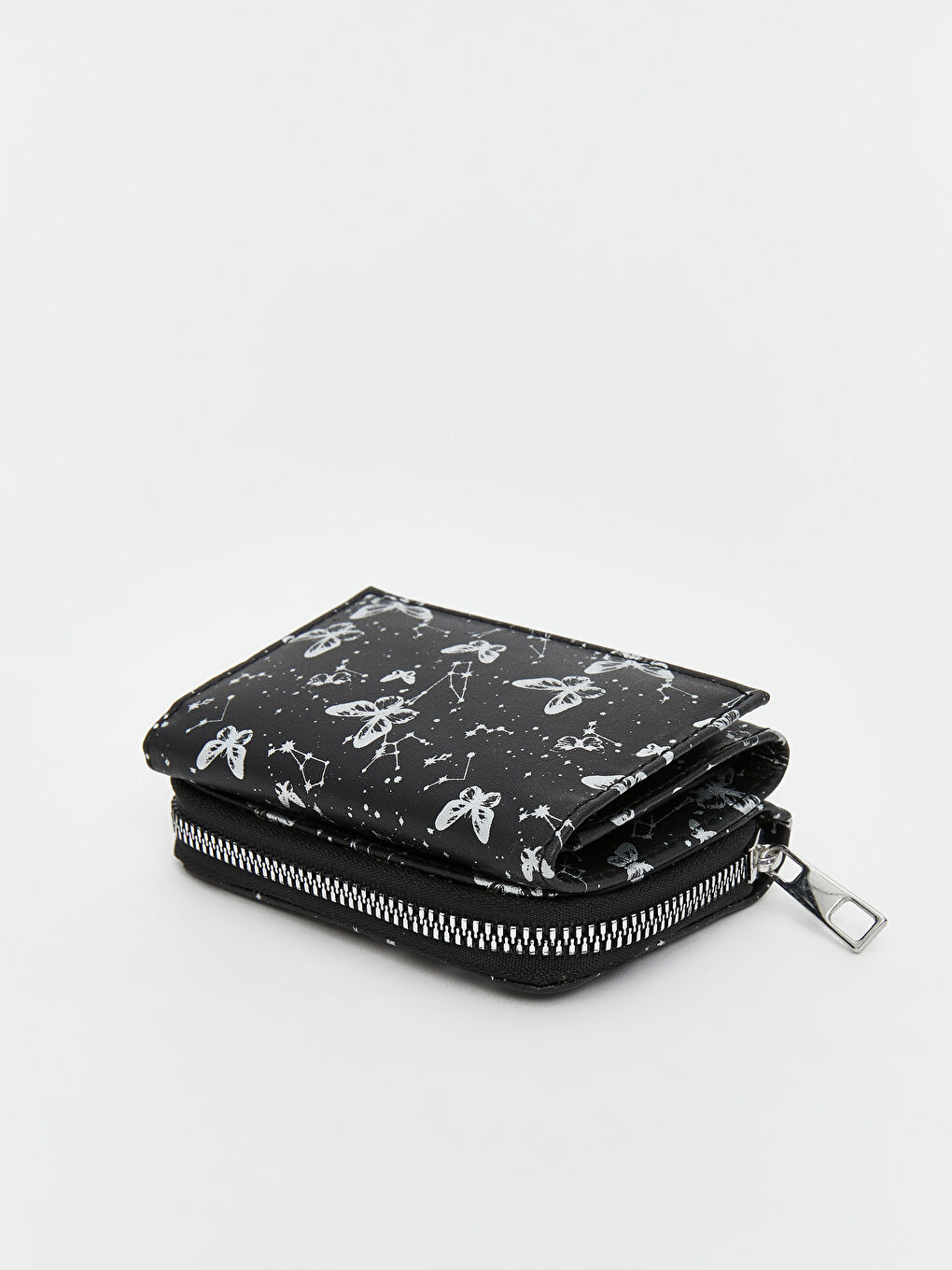 Siyah Kelebek Baskılı Fermuarlı Kadın Cüzdan-1