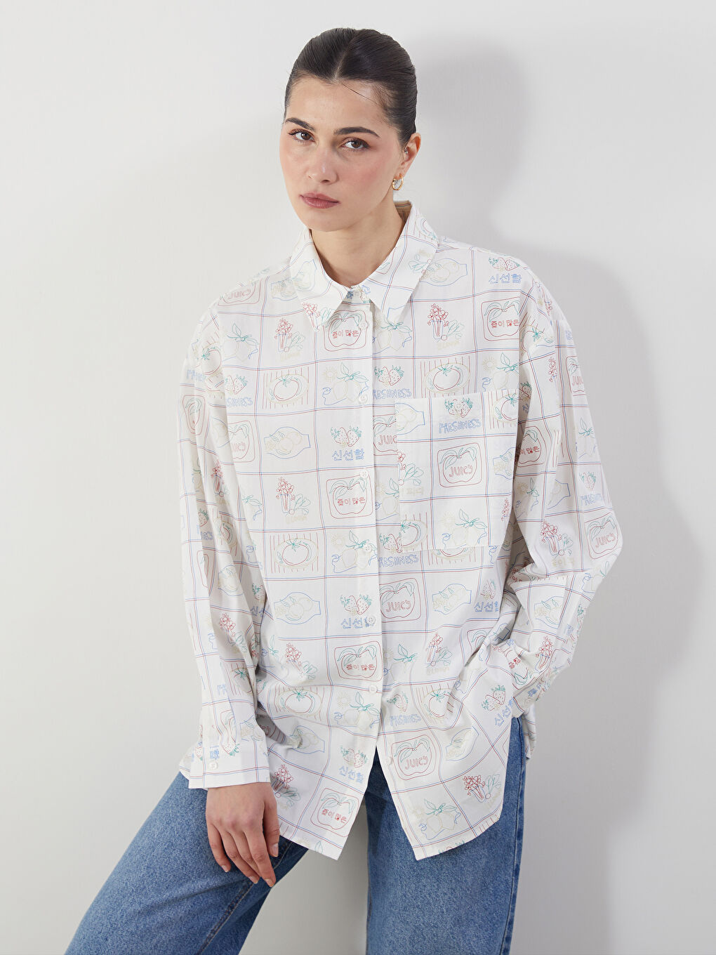 Ekru Baskılı Kadın Poplin Gömlek Tunik