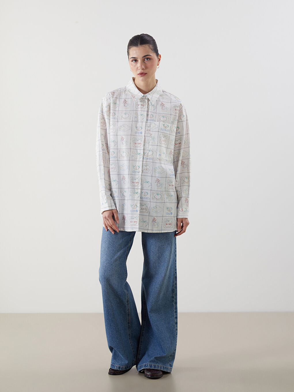 Ekru Baskılı Kadın Poplin Gömlek Tunik-1