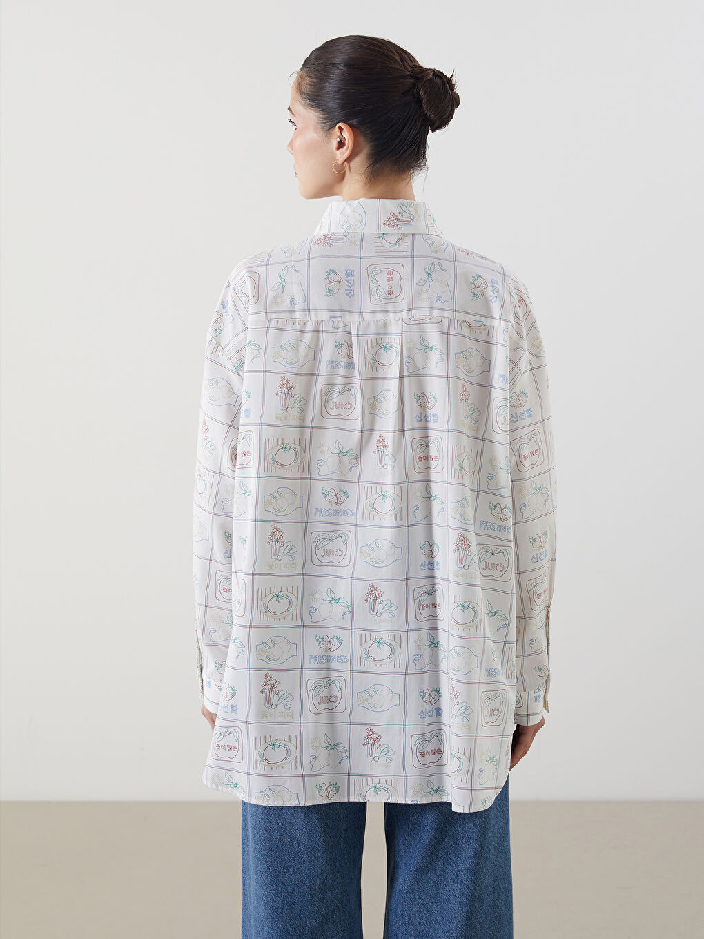 Ekru Baskılı Kadın Poplin Gömlek Tunik-3