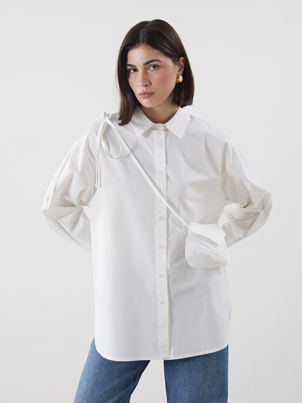 Ekru Askılı Cüzdan Detaylı Oversize Kadın Gömlek Tunik