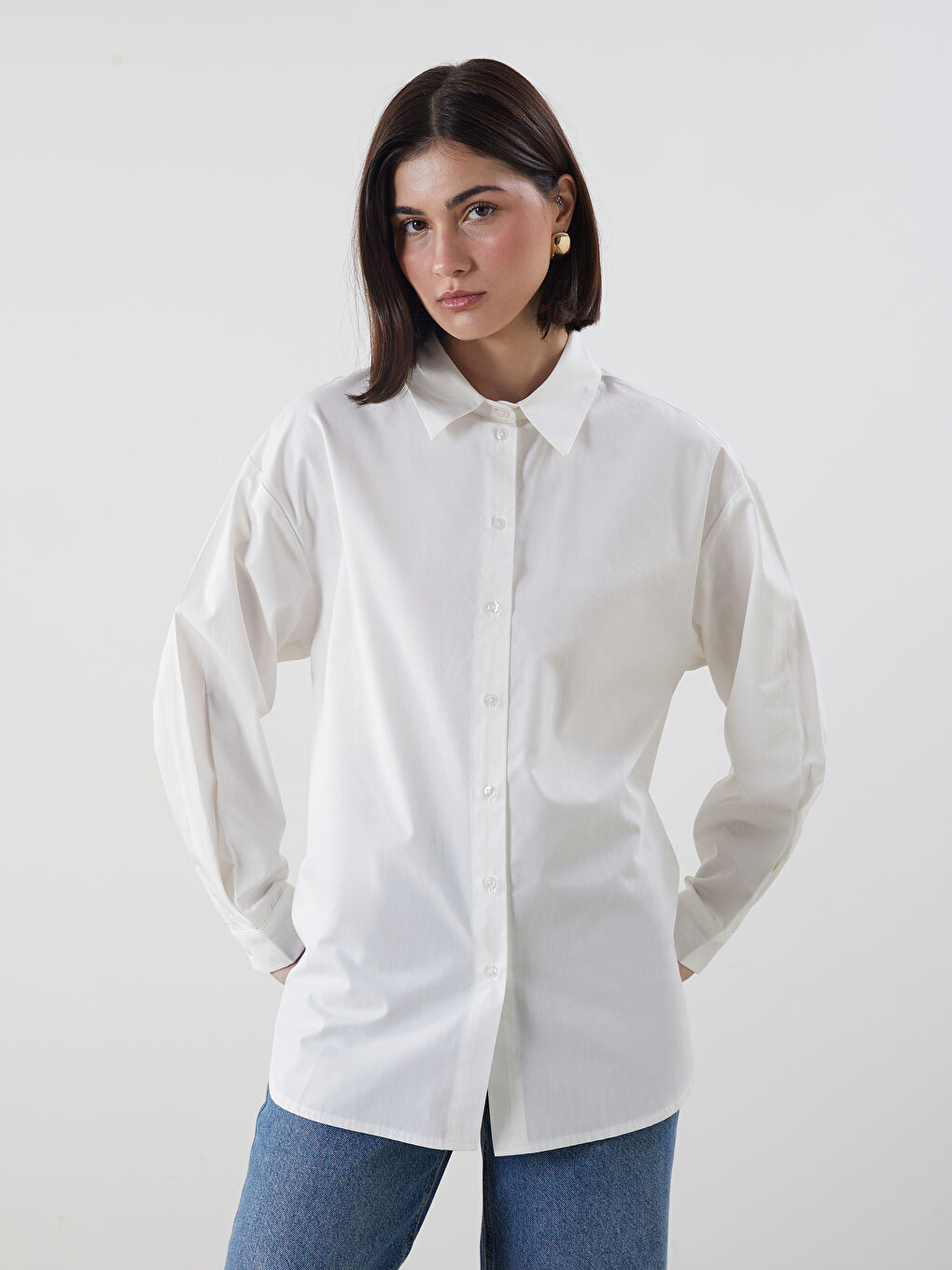 Ekru Askılı Cüzdan Detaylı Oversize Kadın Gömlek Tunik-1