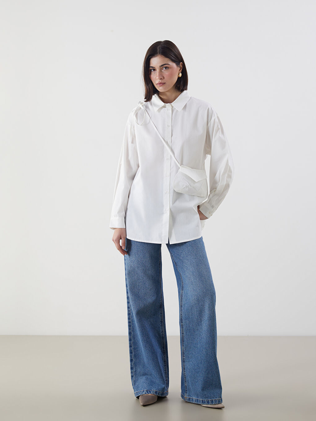 Ekru Askılı Cüzdan Detaylı Oversize Kadın Gömlek Tunik-2