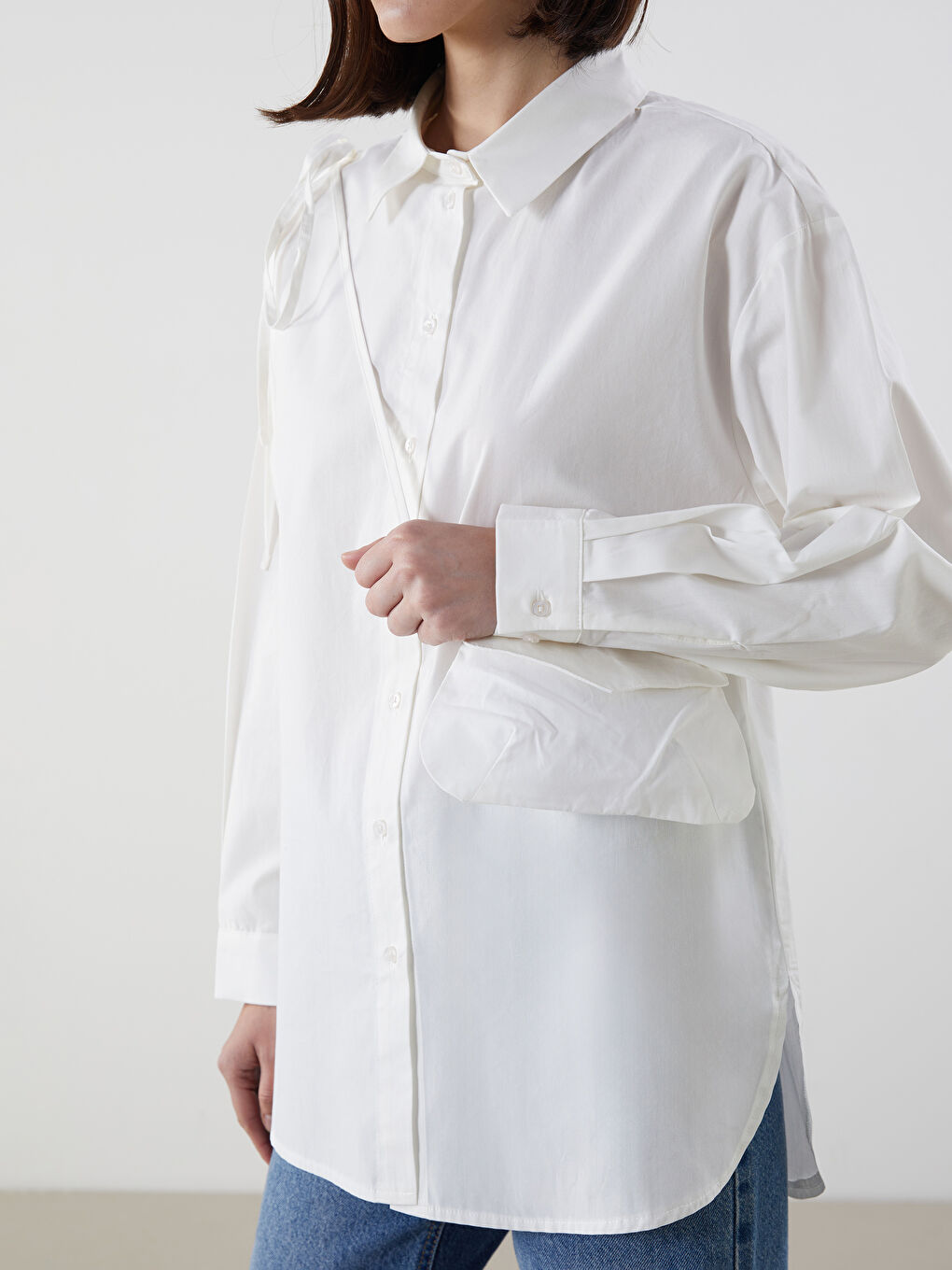 Ekru Askılı Cüzdan Detaylı Oversize Kadın Gömlek Tunik-3