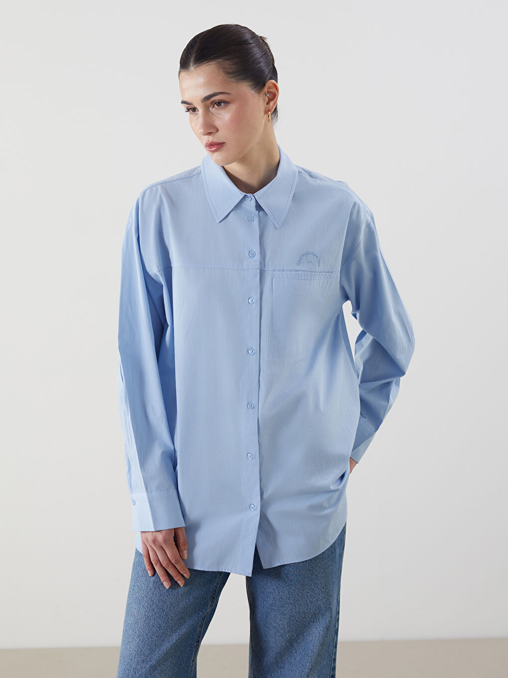 Mavi Nakışlı Poplin Kadın Gömlek Tunik