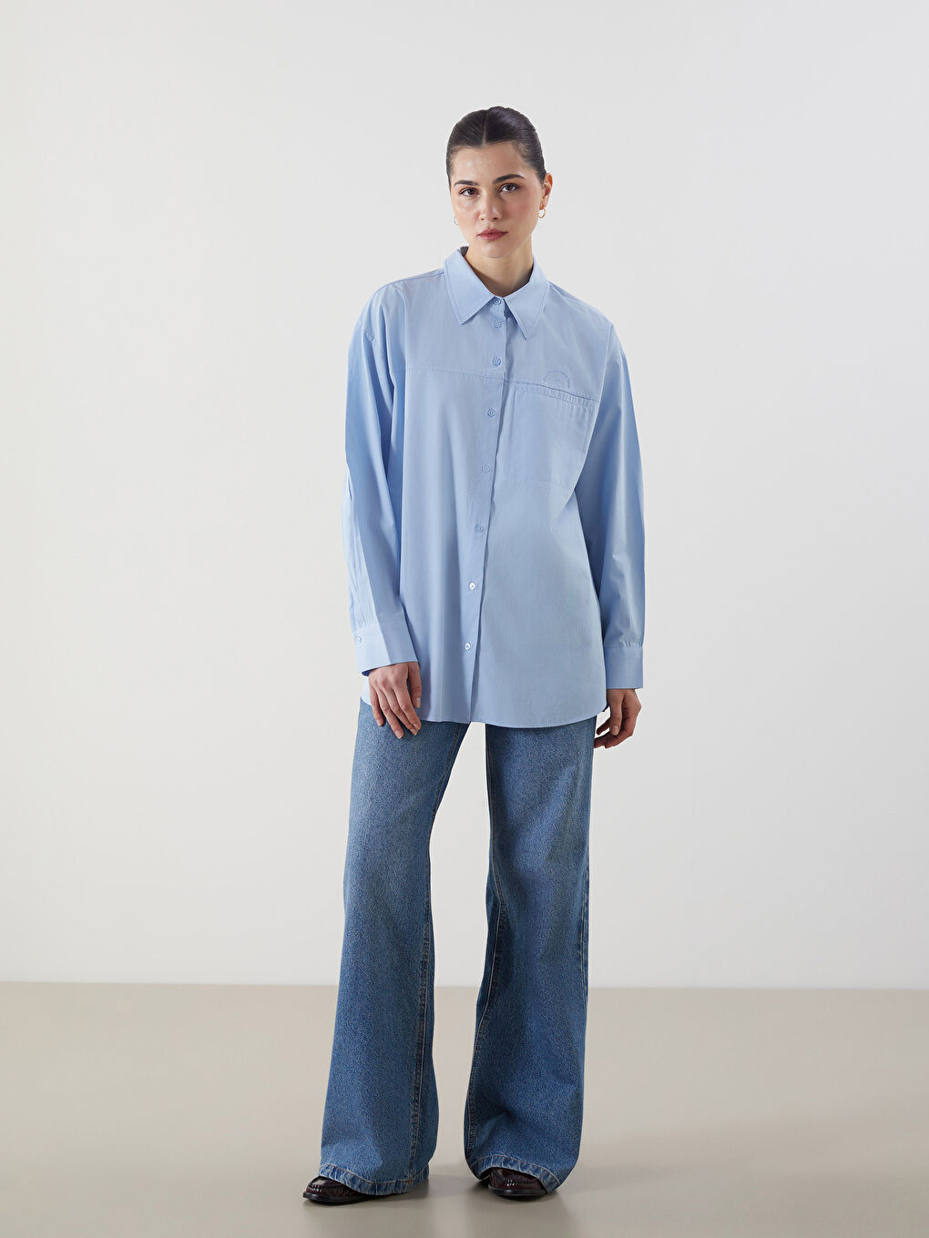 Mavi Nakışlı Poplin Kadın Gömlek Tunik-1