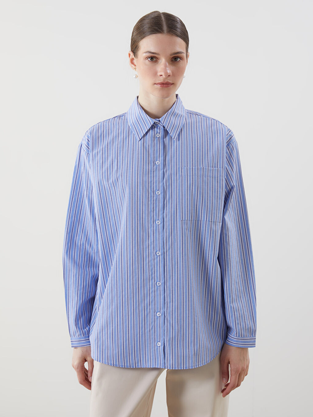 LCW Modest Mavi Çizgili Oversize Poplin Kadın Gömlek Tunik
