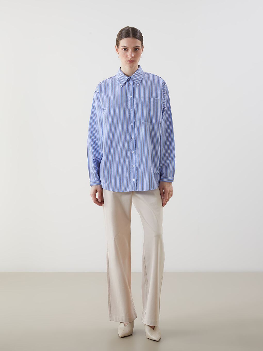 LCW Modest Mavi Çizgili Oversize Poplin Kadın Gömlek Tunik - 1