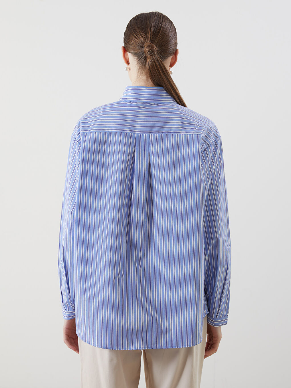 LCW Modest Mavi Çizgili Oversize Poplin Kadın Gömlek Tunik - 3