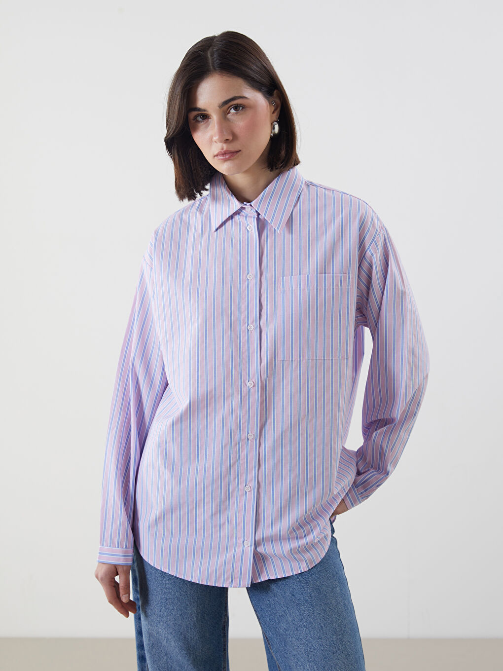LCW Modest Pembe Çizgili Oversize Poplin Kadın Gömlek Tunik