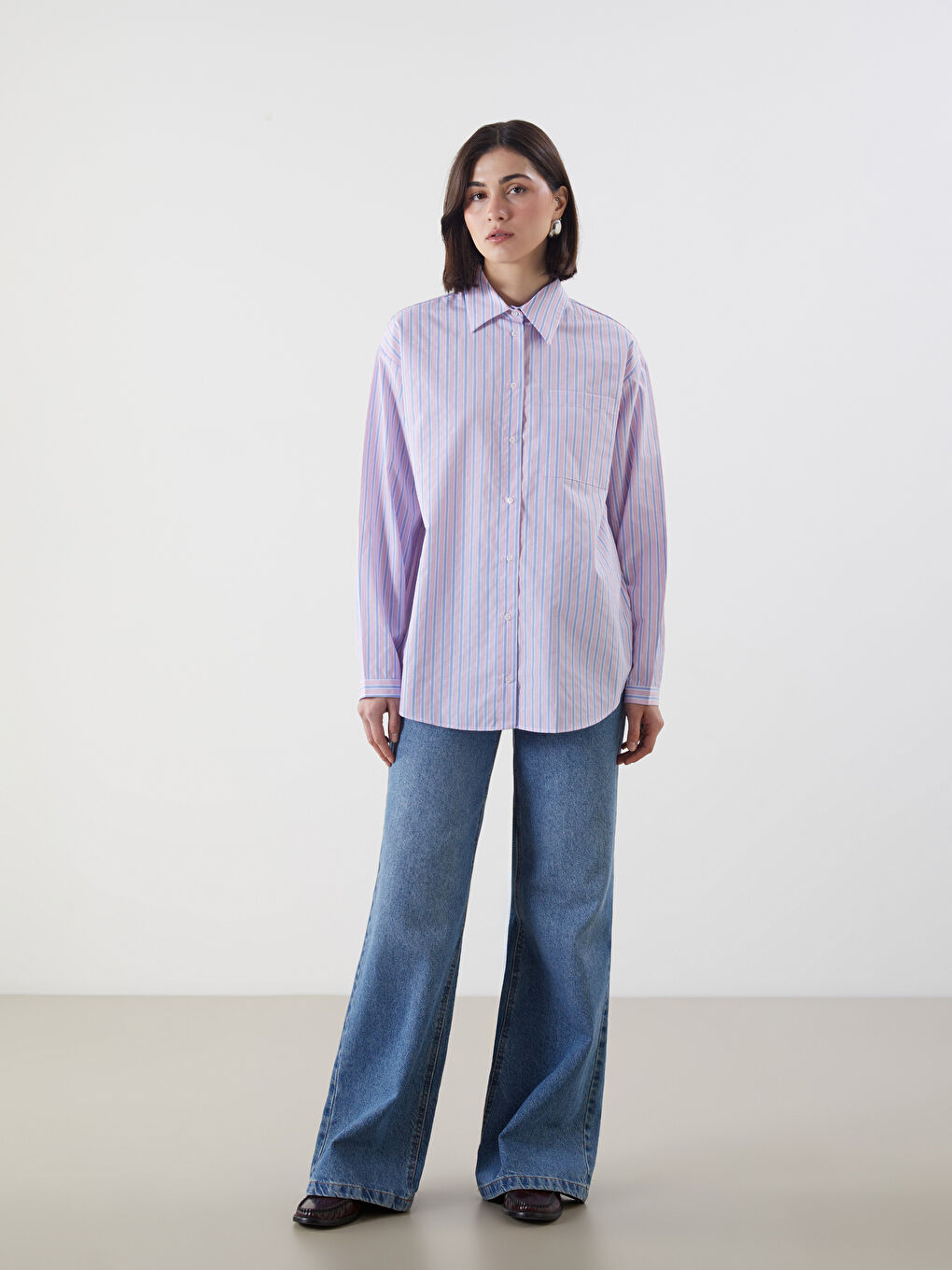 LCW Modest Pembe Çizgili Oversize Poplin Kadın Gömlek Tunik - 1