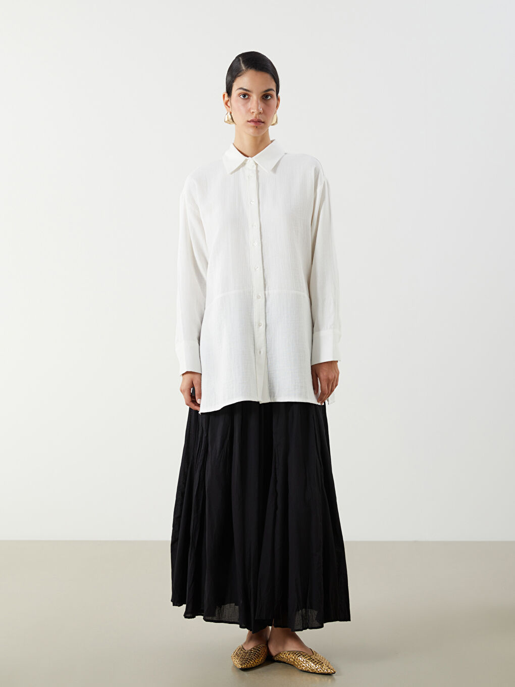 LCW Modest Ekru Oversize Müslin Kadın Gömlek Tunik - 1