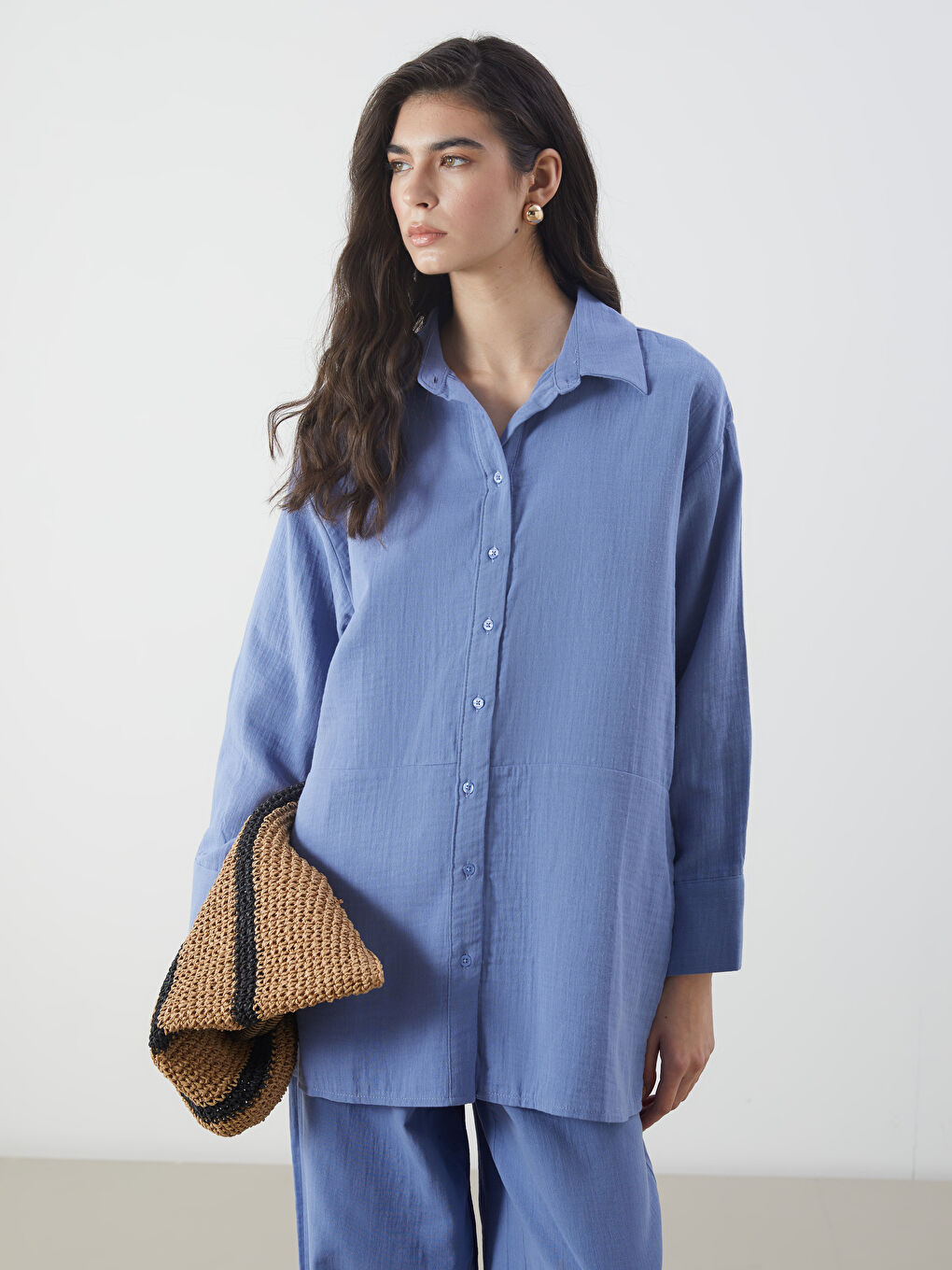 Mavi Oversize Müslin Kadın Gömlek Tunik