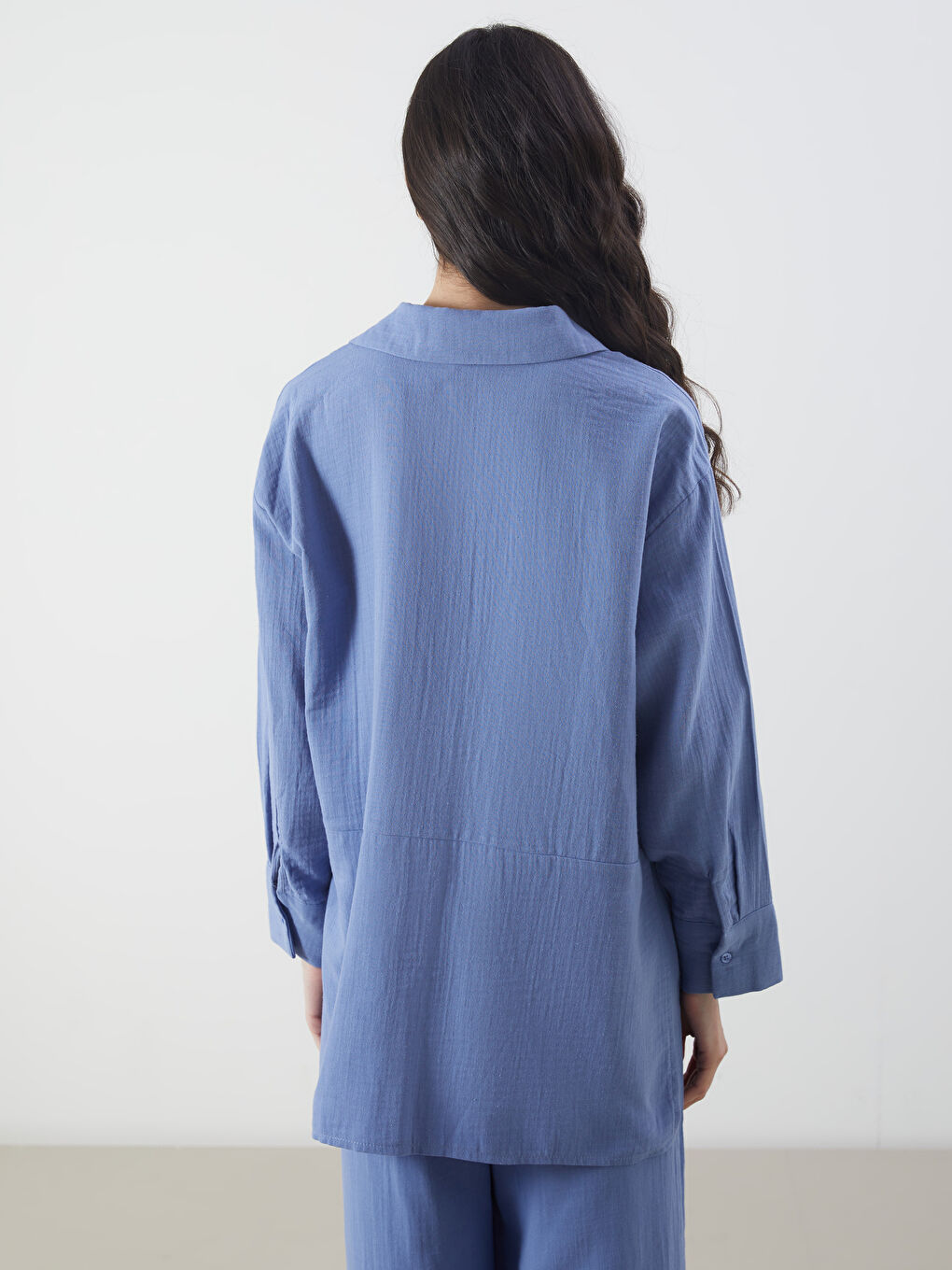 Mavi Oversize Müslin Kadın Gömlek Tunik-3