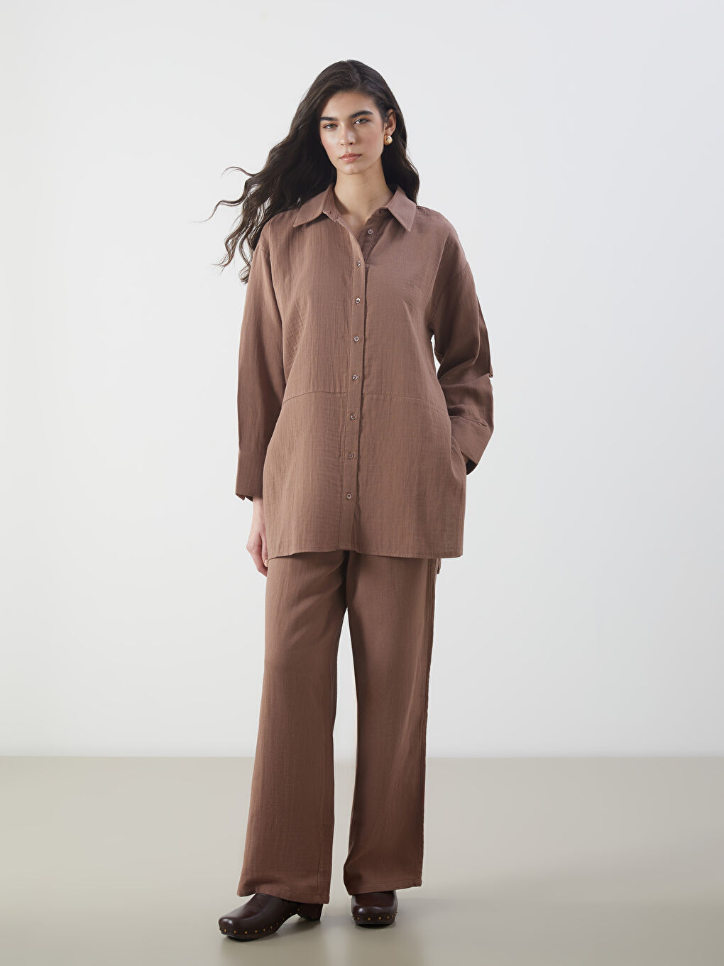 Kahverengi Oversize Müslin Kadın Gömlek Tunik-1