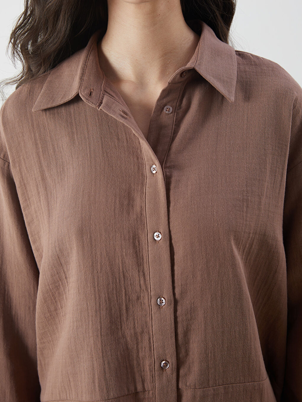 Kahverengi Oversize Müslin Kadın Gömlek Tunik-2