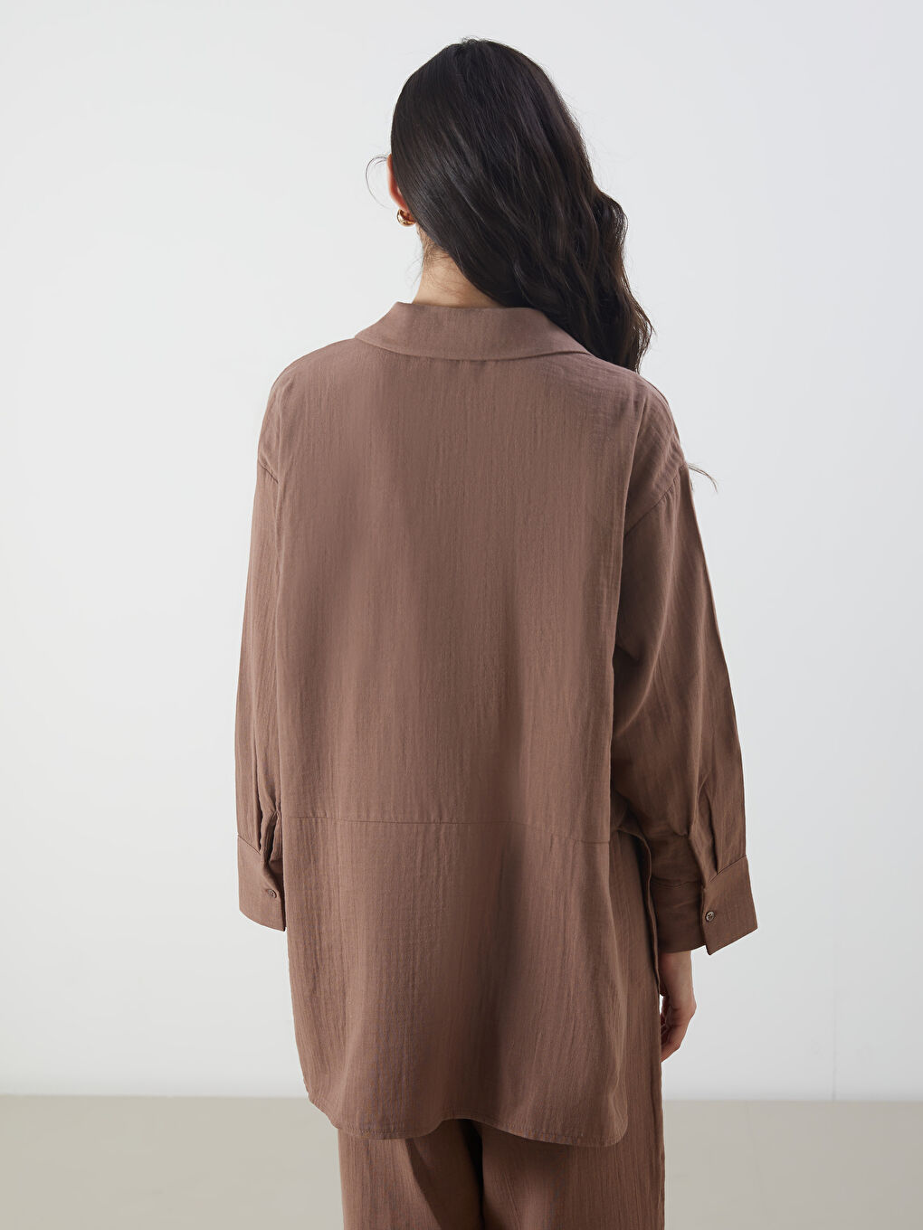 Kahverengi Oversize Müslin Kadın Gömlek Tunik-3