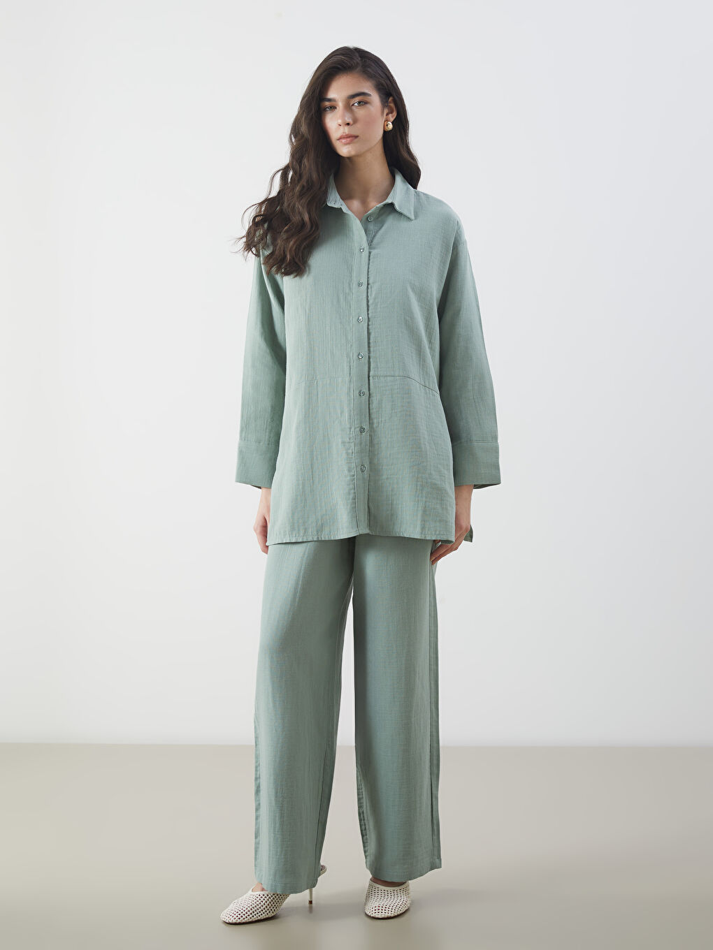 Yeşil Oversize Müslin Kadın Gömlek Tunik-1