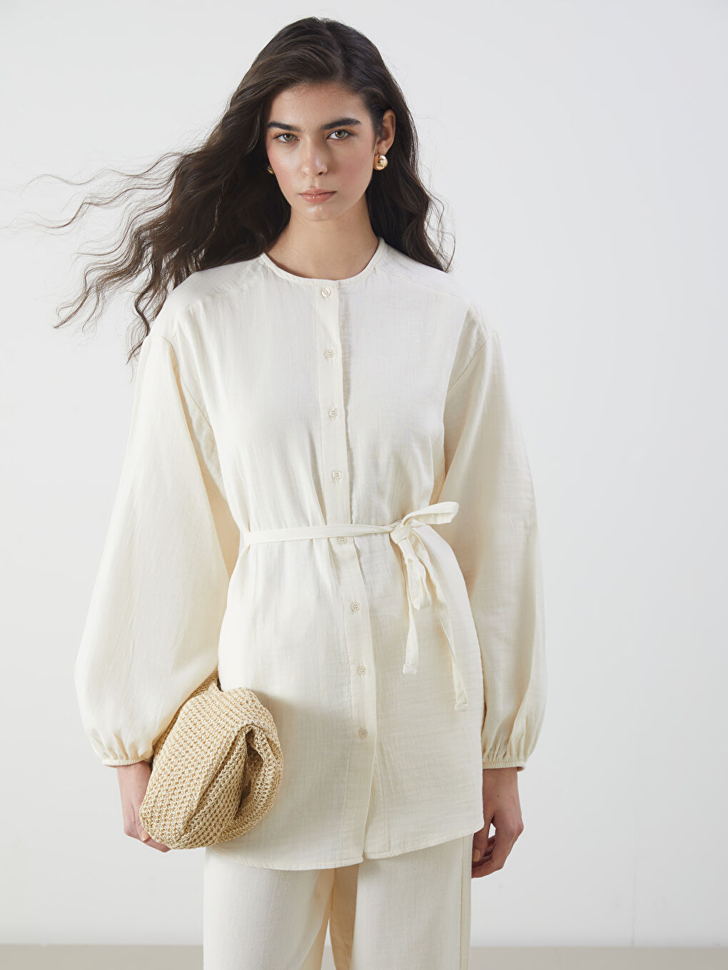 Ekru Bisiklet Yaka Kadın Gömlek Tunik