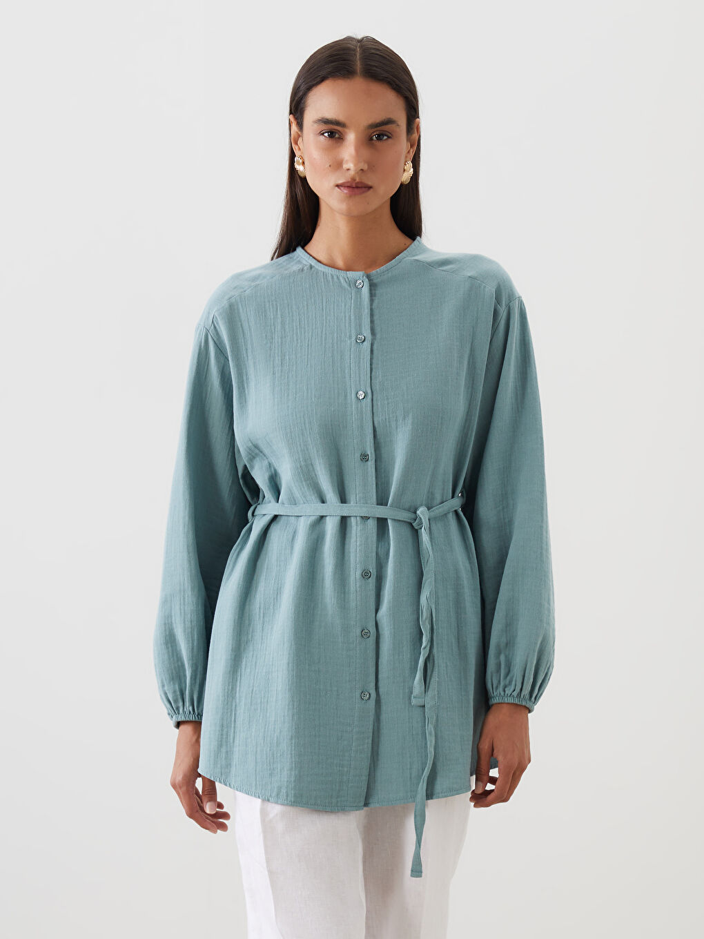 Yeşil Bisiklet Yaka Kadın Gömlek Tunik