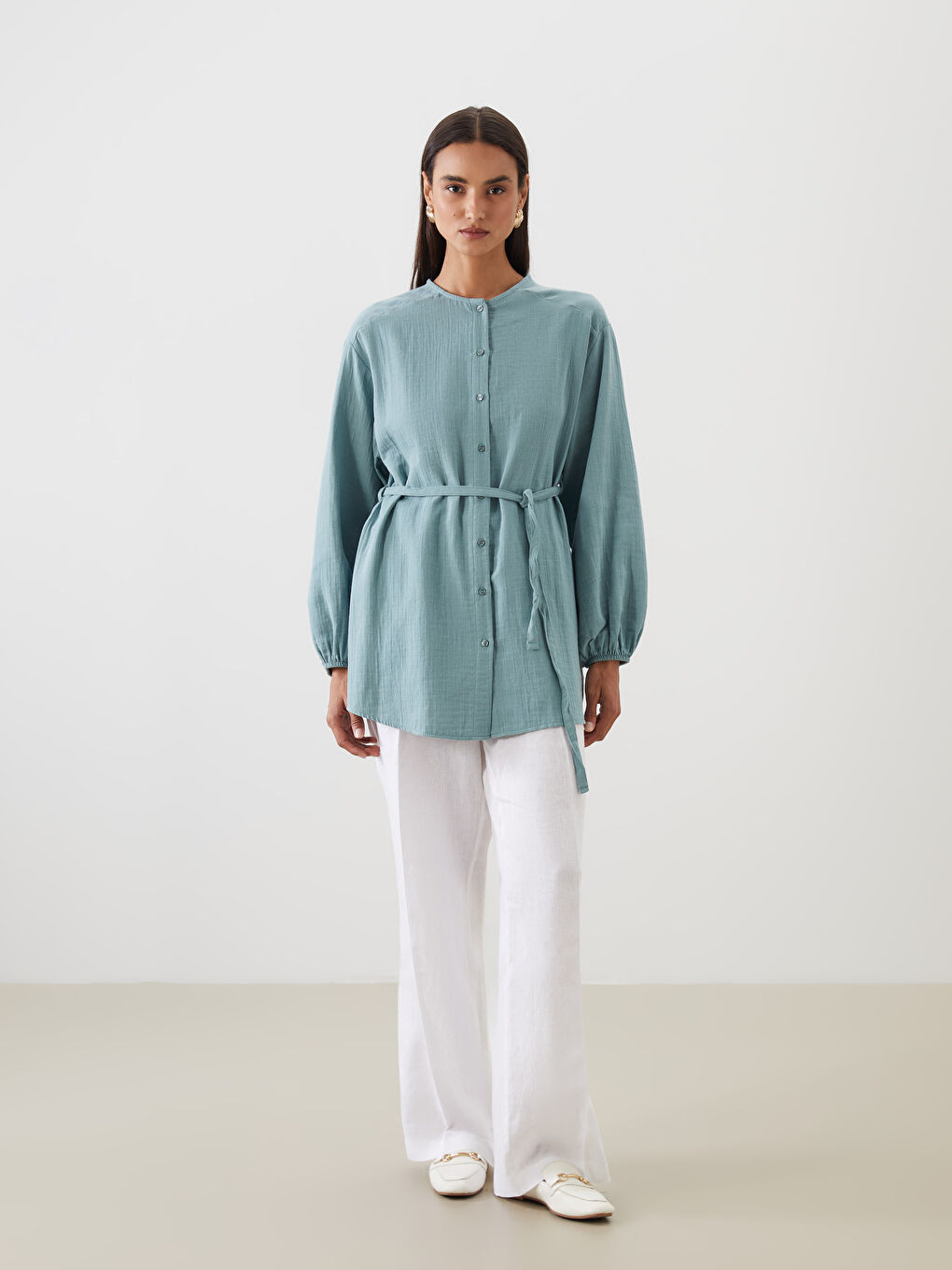 Yeşil Bisiklet Yaka Kadın Gömlek Tunik-1