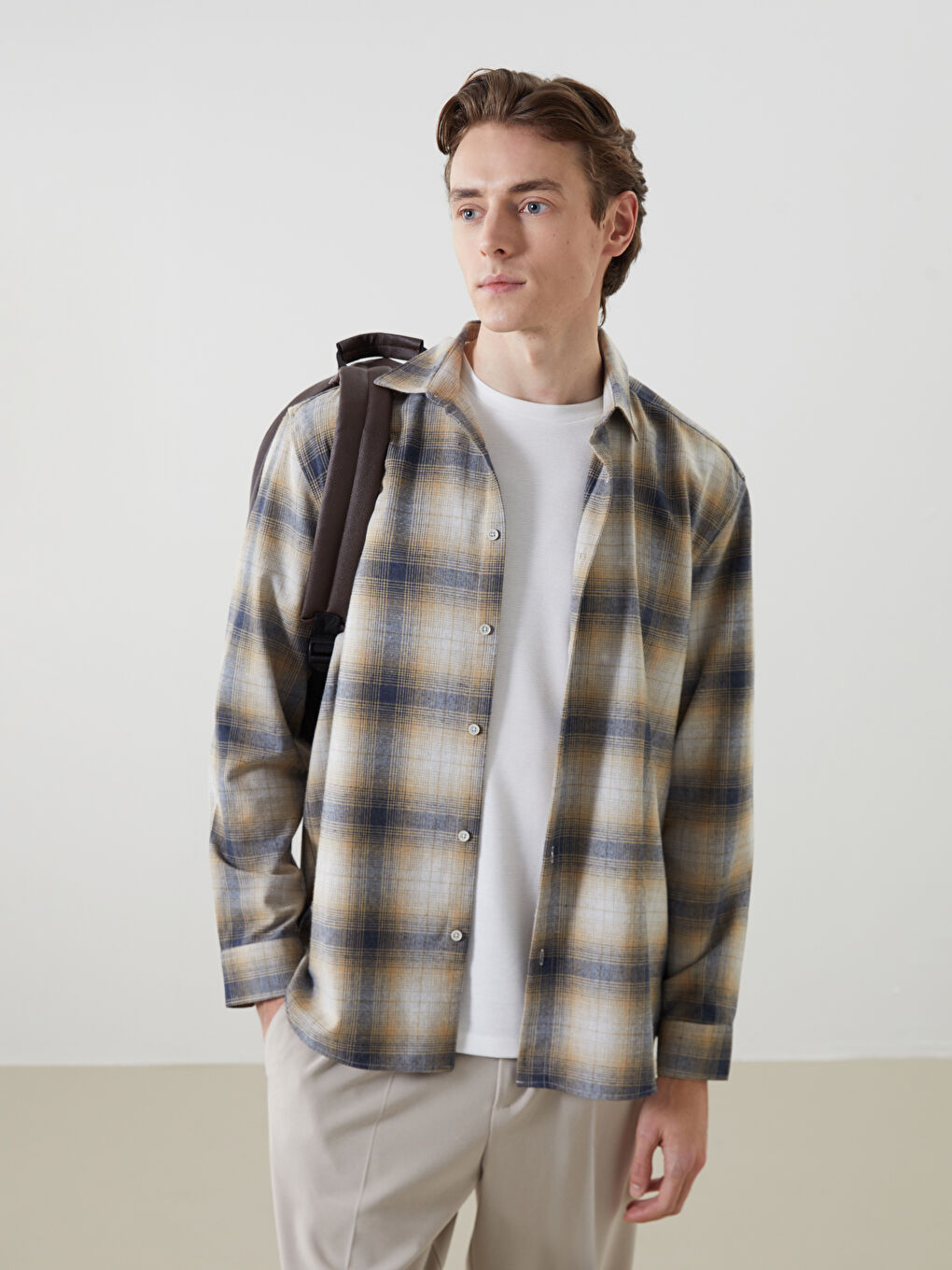 Sarı Regular Fit Uzun Kollu Ekose Erkek Oduncu Gömlek