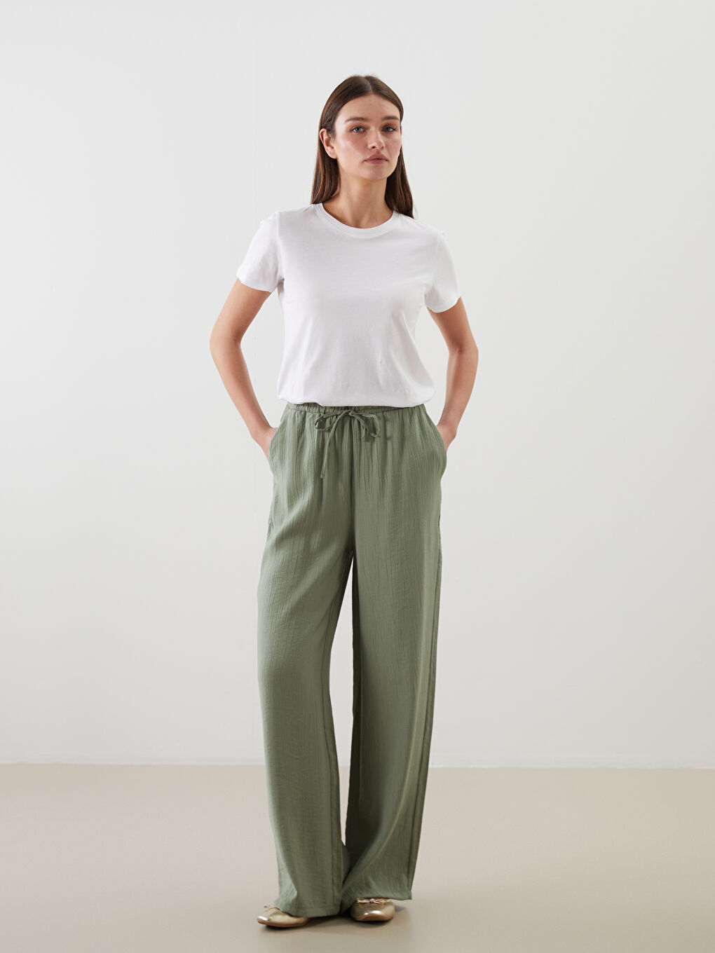 Elastic Waist Textured Women's Trousers -S5MR53Z8-FLL